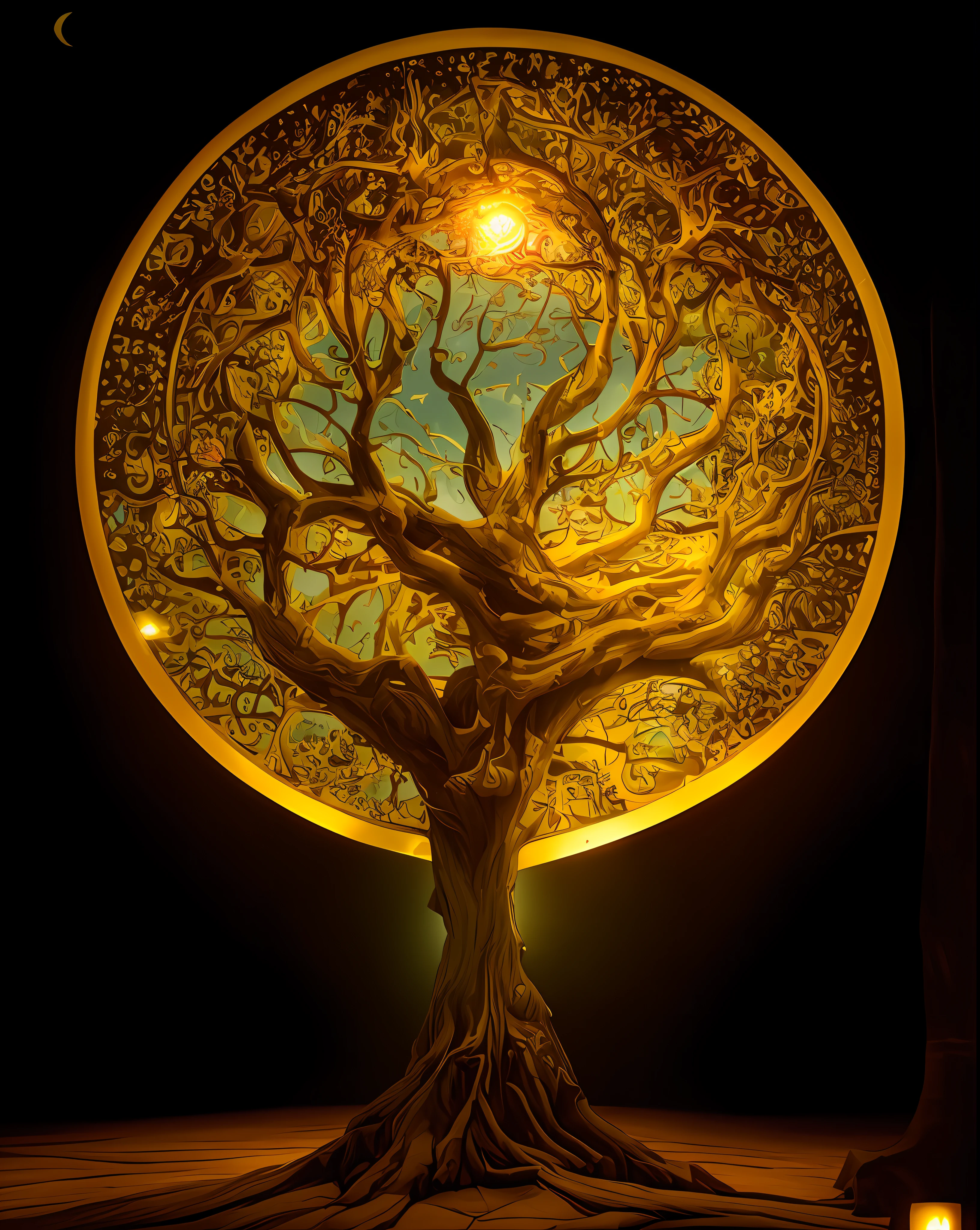 There is a large tree illuminated in the dark, golden sacred tree, Tree of Life, enlightening. Intricate, The Tree of Life, tree of life inside the ball, world tree, Cosmic Tree of Life, beautiful light up, yggdrasil, tree of life seed of doubt, Take epic and intricate photos, Intricate light, Fantasy Tree