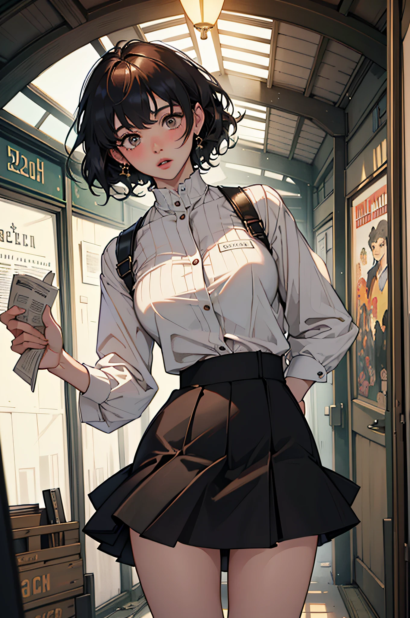 the Extremely Detailed CG Unity 8K Wallpapers、top-quality、ultra-detailliert、​masterpiece、realisitic、Photo Real、extremely detailed cute girl、20yr old、((skirt lift by yourself)))、(skirt rift)、panties on、panties focus、red blush、cparted lips、looking at the viewers、Half body shot、(crowd)、(Crowded museums)、Curls outward hair、Old newspaper news style, sovietposter, youthfulness, USSR style,