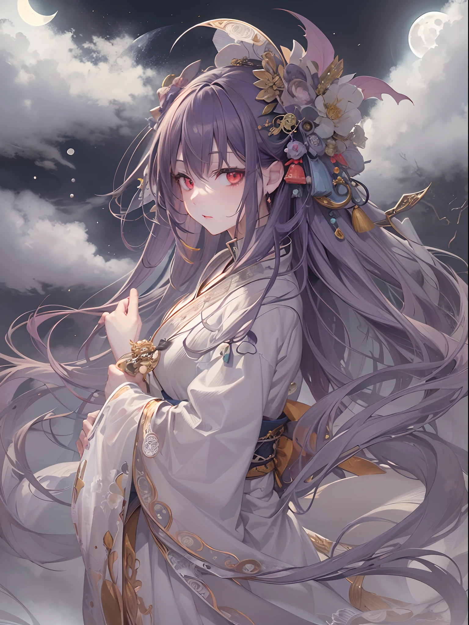 ((Finest quality)),(超A high resolution),(ultra-detailliert),(Meticulous portrayal),((Best Anime)),(Finest works of art),sharpnes,Clair,Ultra-Precision Art,The art of astounding depiction,Beautiful fantasy art with intricate and detailed details, ((Fog:1.6)),((The moon through the clouds:1.4), (1人の女性),Japanese dress,arachne,the bats,youkai,weird