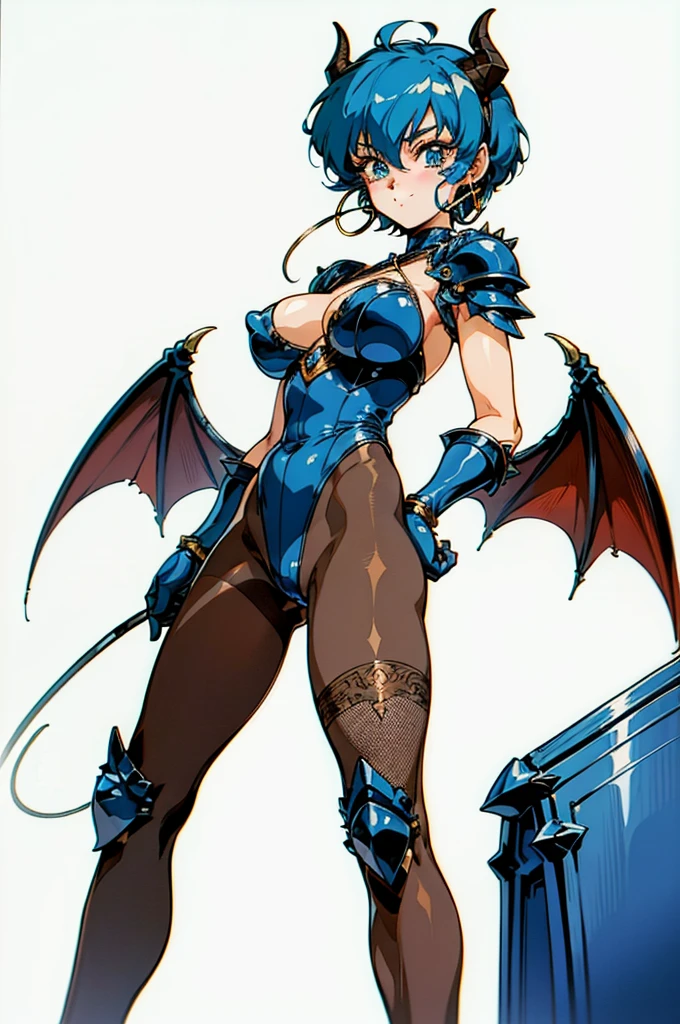 masterpiece, best quality, ultra-detailed, grey skin, full body, etna \(disgaea\), sf5 chun, flat chest, blue hair, hair buns, china dress, high heel shoes, smug, smirk, abs, collar, strapless, belt, scorpion tail, blue hair,