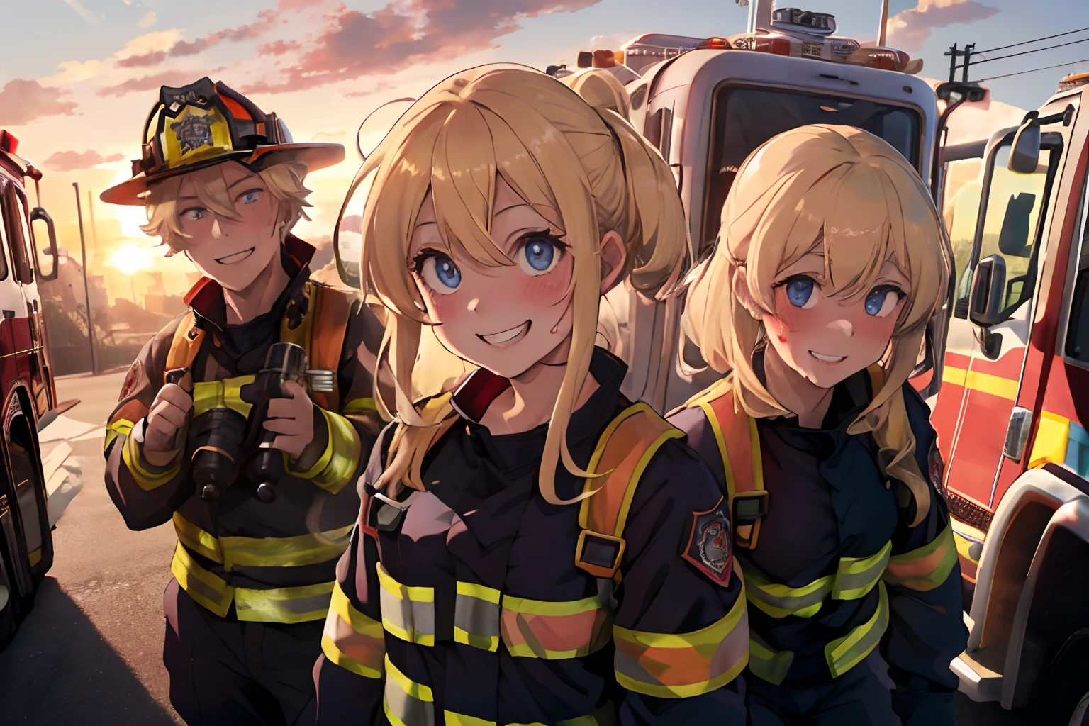 A cityscape lined with multi-tenant buildings,Fire trucks are parked in the vicinity,Dressed as a firefighter,Firefighters are around with hoses and training activities,firefighter suit,Blonde hair with peach inner color,blue eyess,Sunset sky,Training with a pleasant face,Training with a smile while sweating,Training with more than one guy,Multiple people are laughing shoulder to shoulder,Full Dash,red tide,A smile,AHE Face,A face full of pleasure,