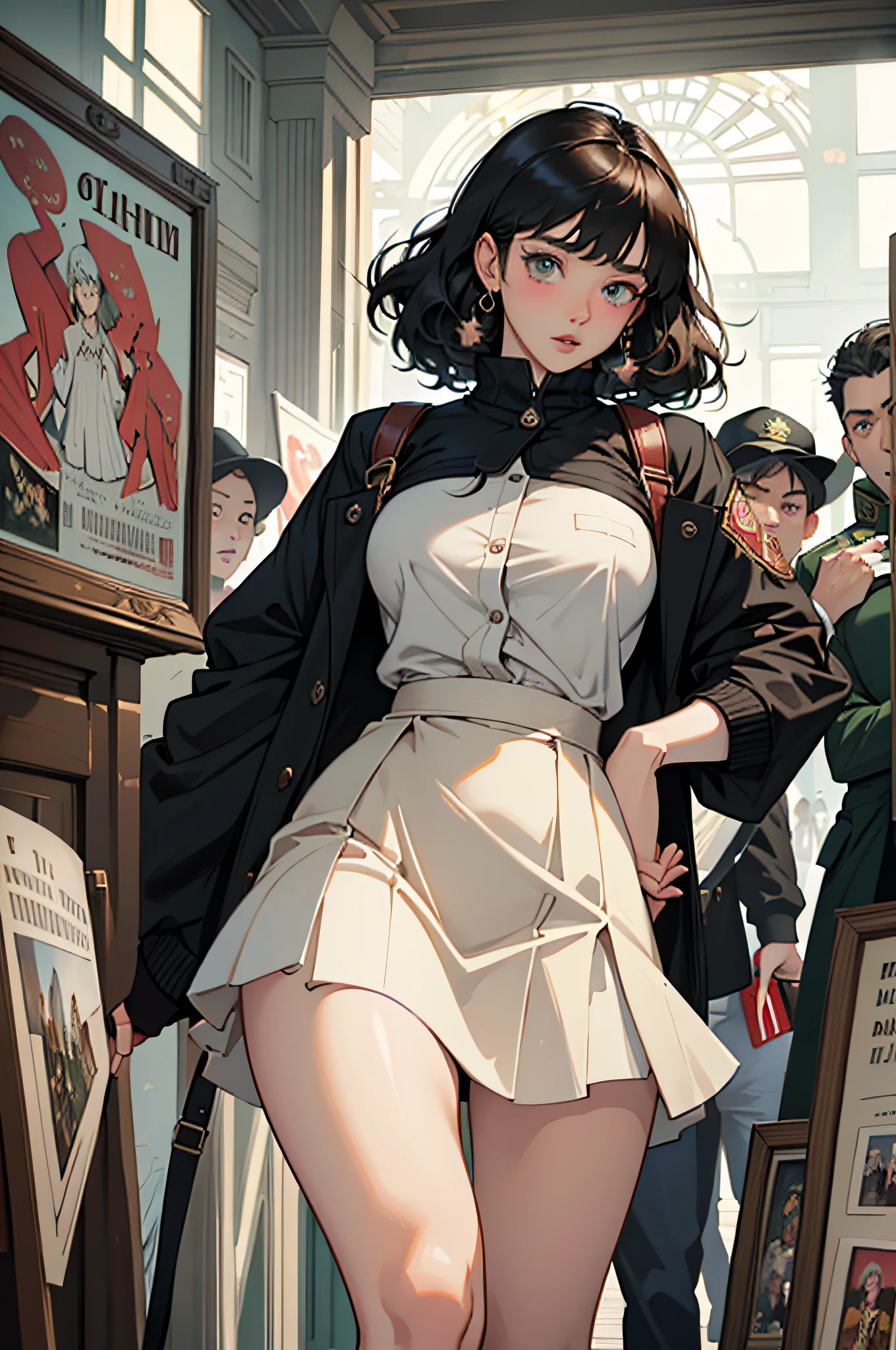 the Extremely Detailed CG Unity 8K Wallpapers、top-quality、ultra-detailliert、​masterpiece、realisitic、Photo Real、extremely detailed cute girl、20yr old、((skirt lift by yourself)))、(skirt rift)、panties on、panties focus、red blush、cparted lips、looking at the viewers、Half body shot、(crowd)、(Crowded museums)、Curls outward hair、Old newspaper news style, sovietposter, youthfulness, USSR style,