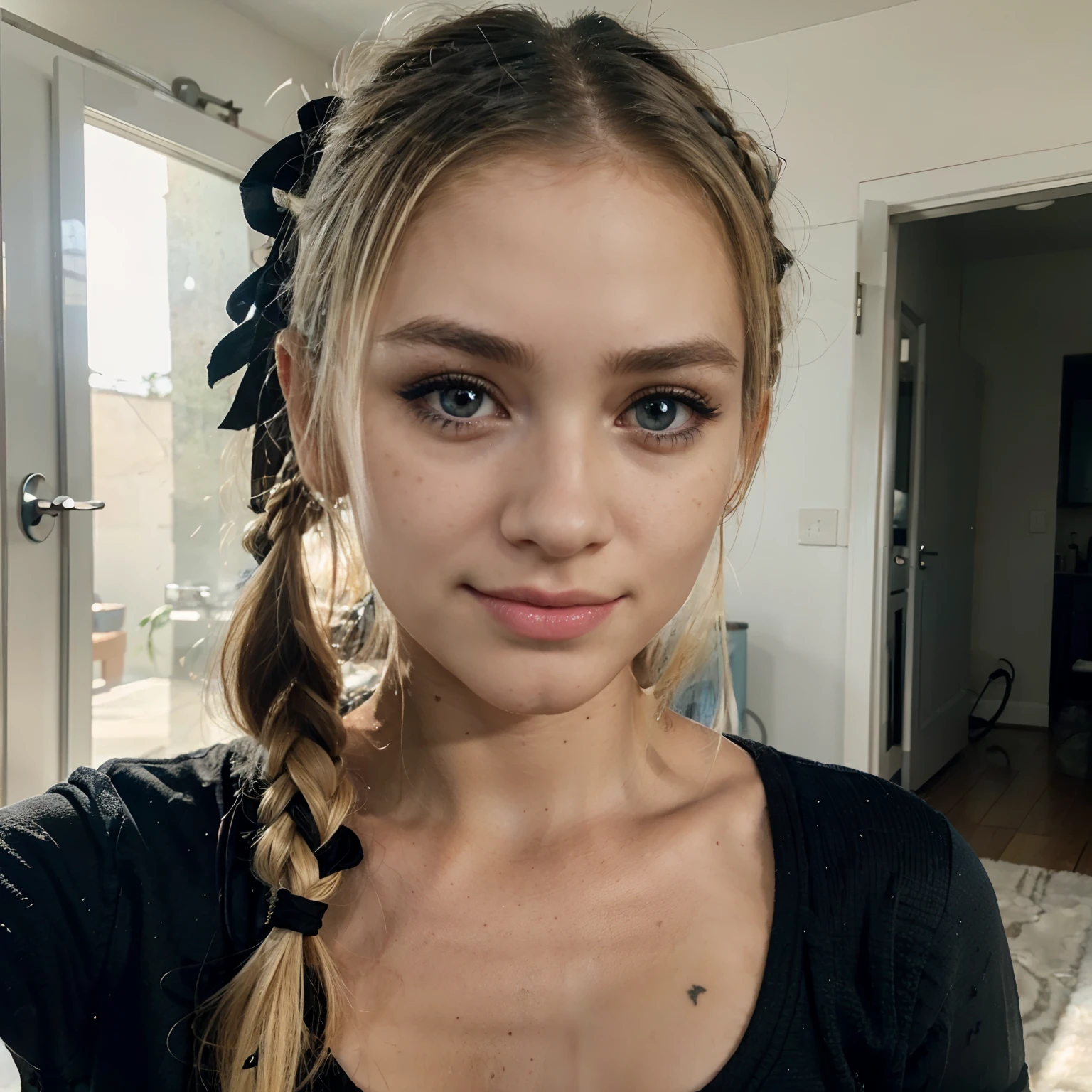 Extremely beautiful young woman of 20 years old with light blue eyes, light skin color, light blonde hair color with two pigtails of hair, perfect lips, small and perfect nose, deep and sexual look.