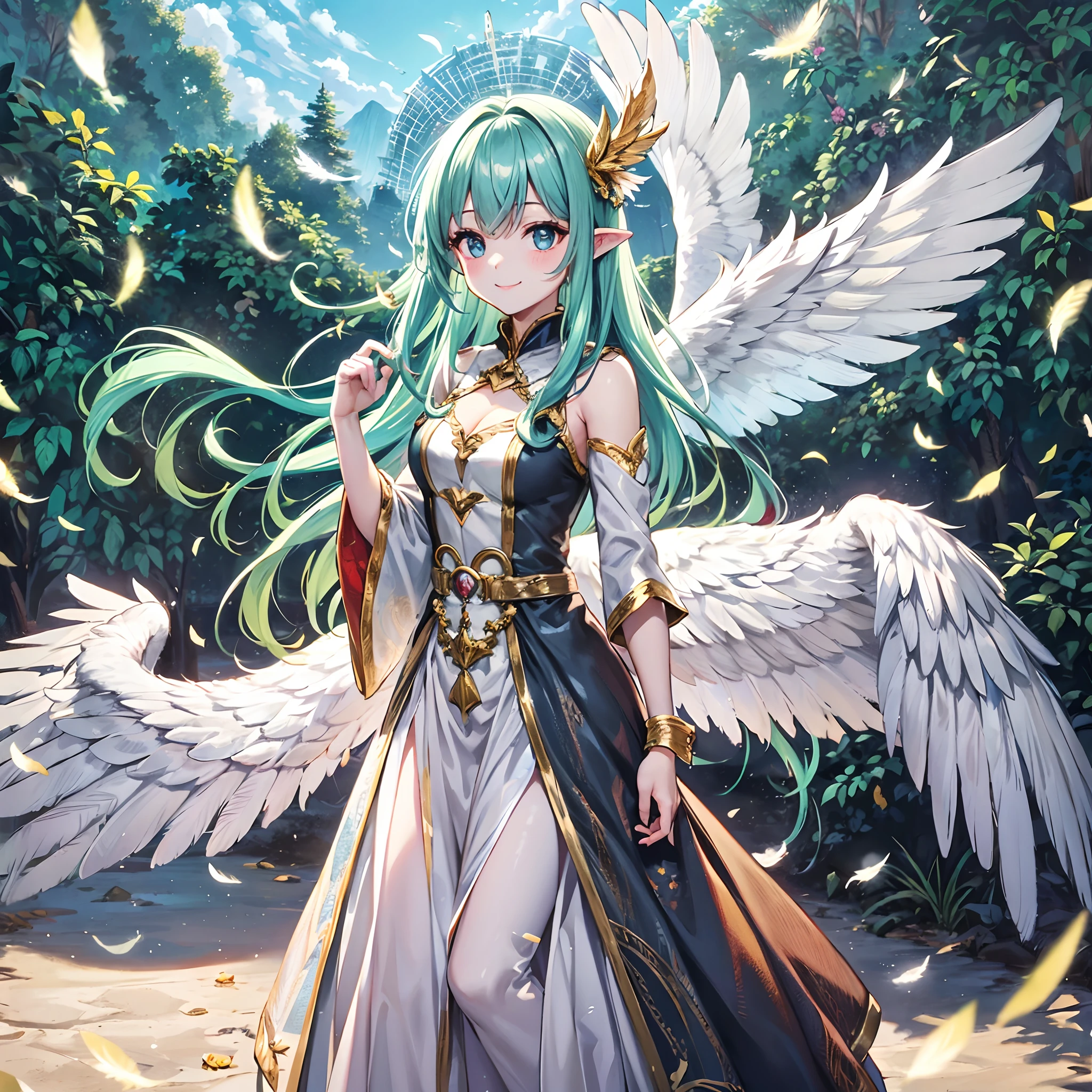 in woods Pretty girl leprechaun Iridescent transparent feathers Light blue long hair Twin-tailed adorable smiling Cute Fairy Costumes White eagle in the sky
