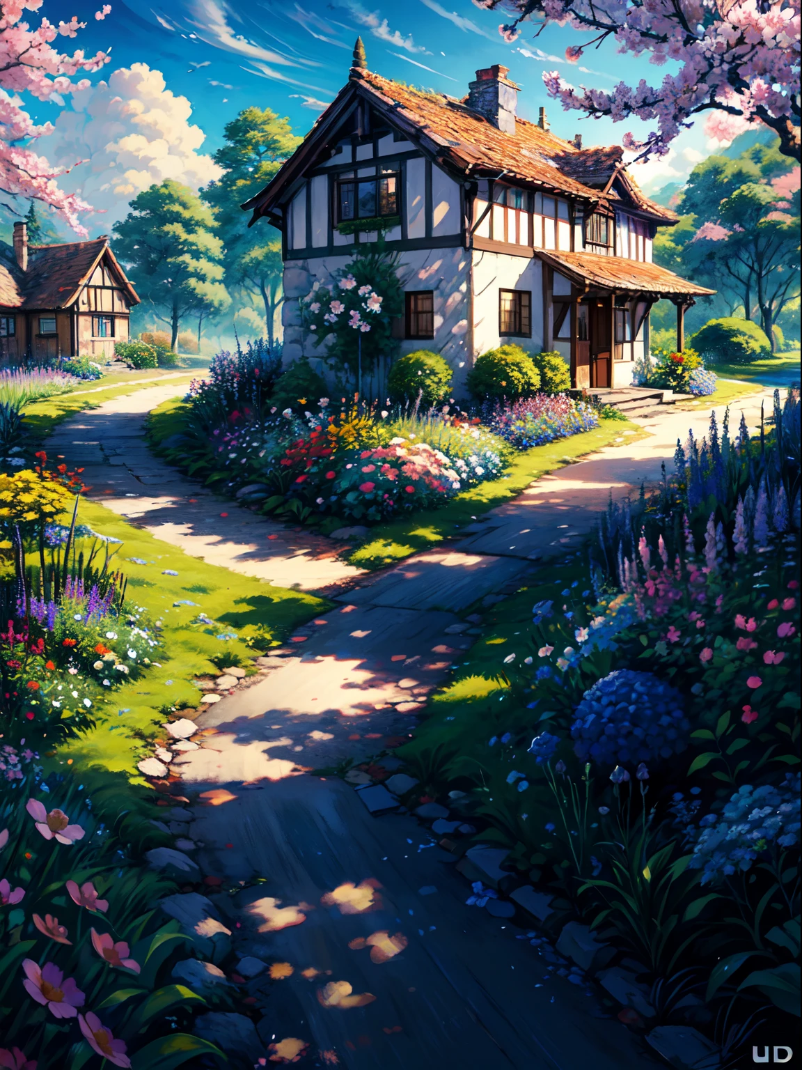 painting of a house in a garden with flowers and a pathway, rich picturesque colors, flowery cottage, full of colors and rich detail, beautiful house on a forest path, idyllic cottage, beautiful art uhd 4 k, blossoming path to heaven, scenery art detailed, a beautiful artwork illustration, scenery artwork, detailed painting 4 k