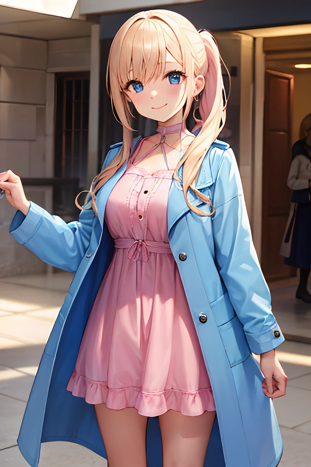 Short cute girl, beautiful smile, long blonde ponytail, dressed in a pink dress, mid 20's, beautiful blue eyes, South African, close up view, fluffy hair, older, 25 years old, wearing a cute blue coat on top of dress
