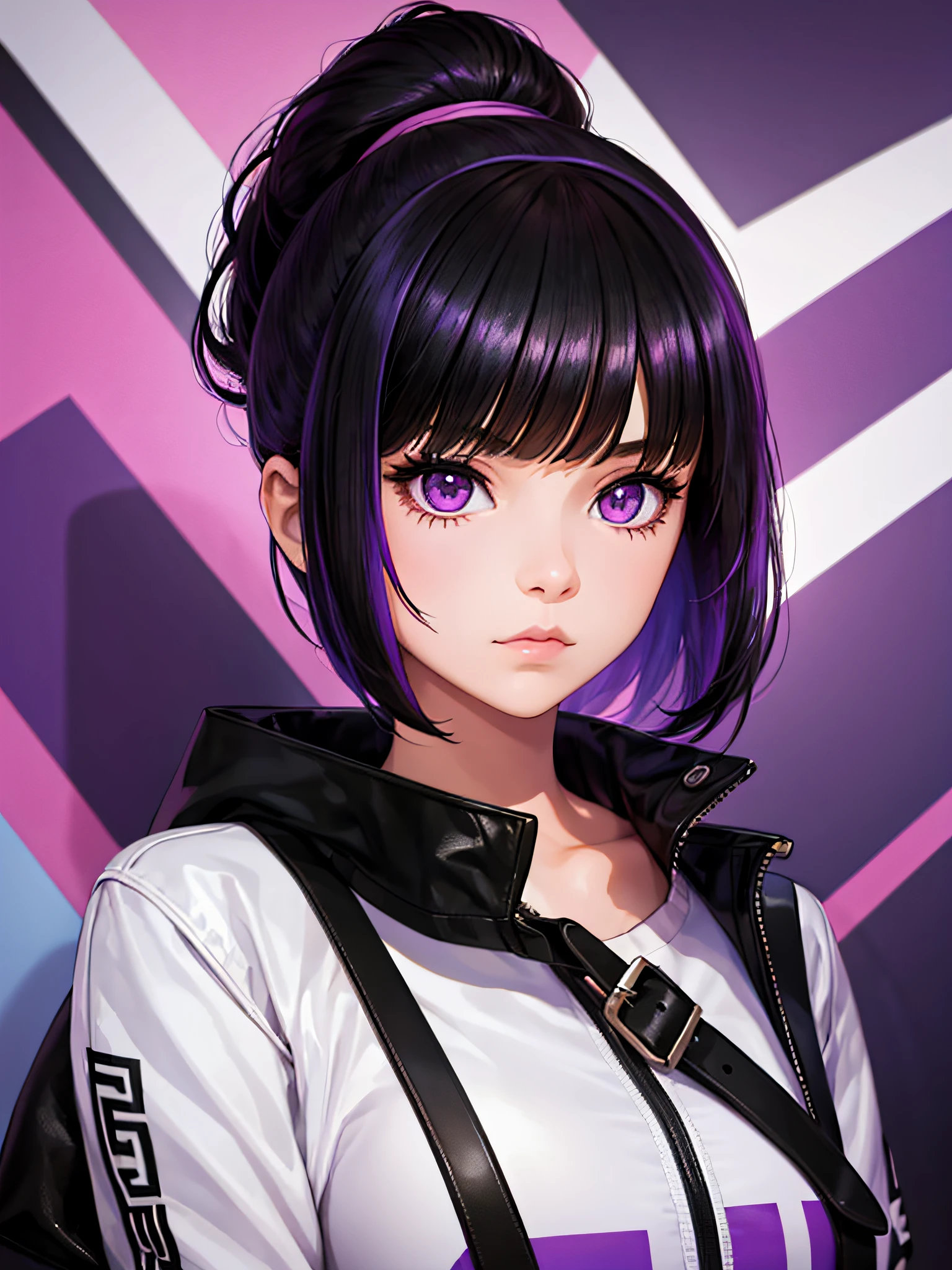 1girl, black hair, cool, purple eyes, cool outfit, cool hairstyle, hair up, portrait, colorful background, 2 colors background, absurdres, high res, ultrasharp, 8k, masterpiece, looking at viewer