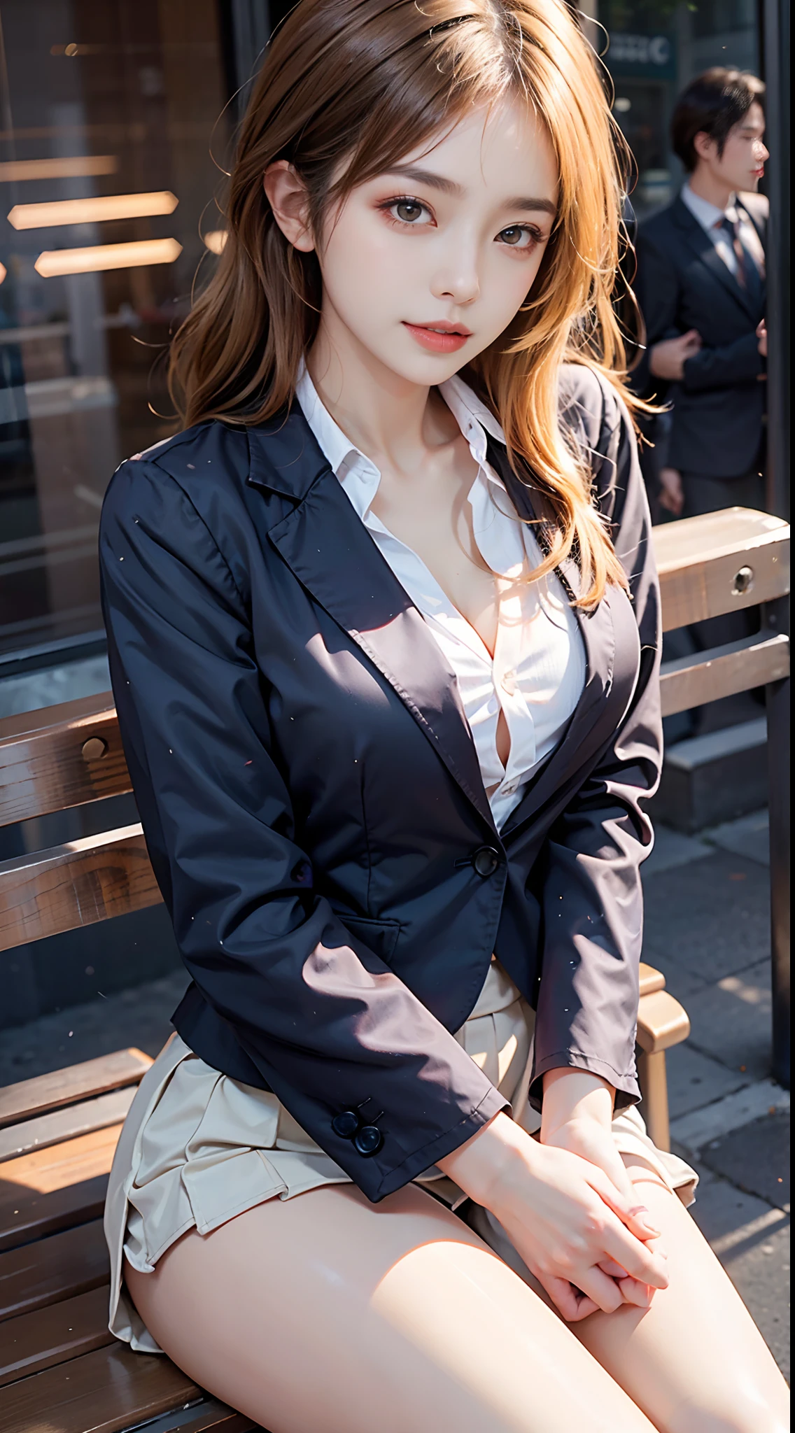 (((Navy color business suit top and bottom)))、Business Lady、See-through blouse、ultra-detailliert、​masterpiece、top-quality、超A high resolution、8K high image quality、Photogenic clarity、A detailed eye、gradients、Late night outdoor:1.5、there are many people behind me、Nikon Z9 80mm Lens , masutepiece、Model Standing、Pubic hair can be seen through the lace of the panties、(((The panties are white lingerie panties made of lace material)))、(((See all panties)))、(((The skirt is definitely worn)))、(((Lift skirt hem)))、Sit in a triangle with your thighs slightly inward、panties focus、Detailed lace panty pattern、(((Lifting skirt while standing to show off panties to camera)))、(((Face facing left)))、(((Lift the skirt bigger and bigger、Show your panties to the camera)))、The most popular and beautiful employees of the company、Ultra slim body Fcup bust、Models with a slim body、Beautiful posture、Black hair Long hair、shiny lip、Glaring with a wrinkle between the eyebrows.:1.3