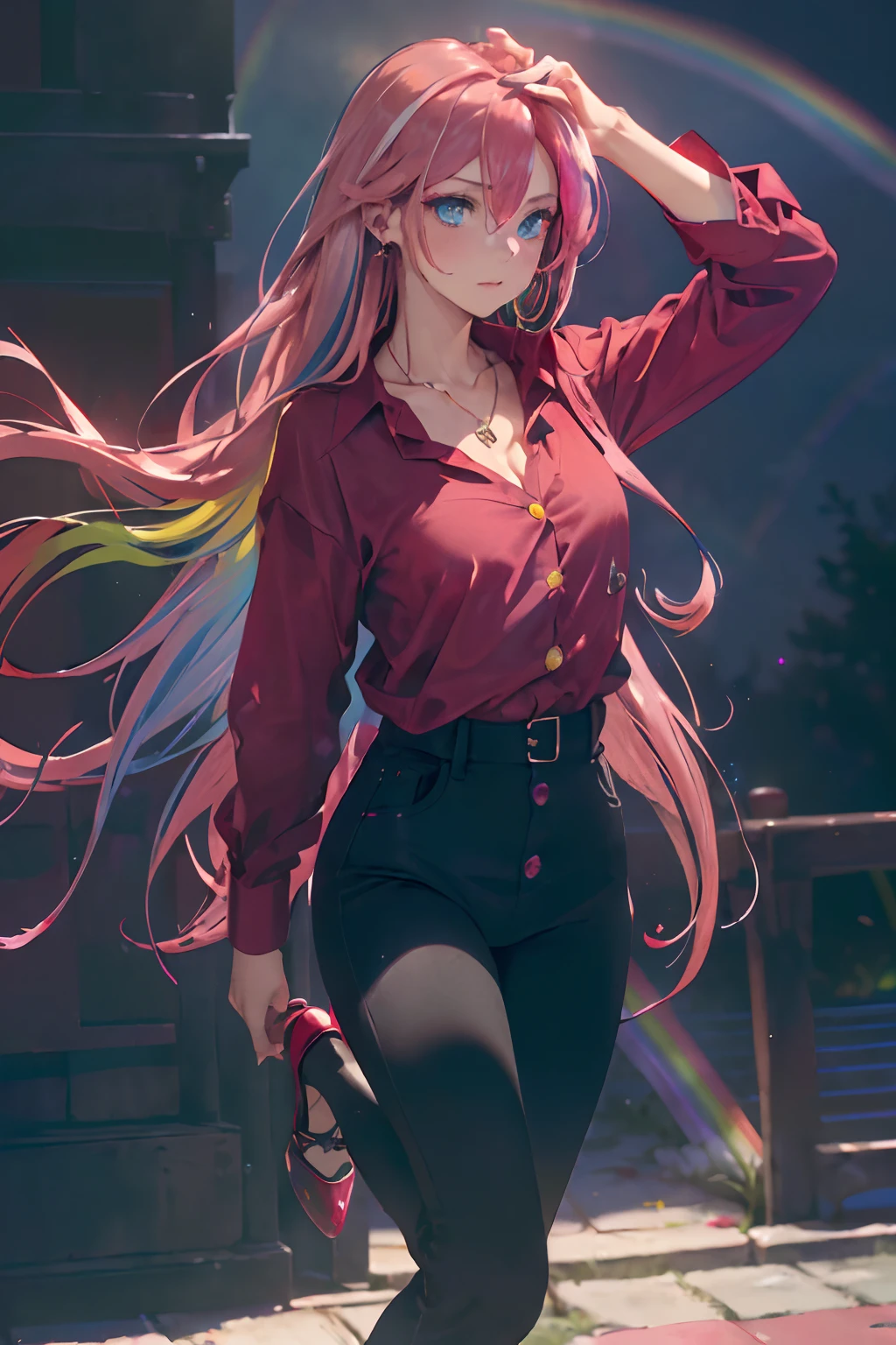 Park,Dressed, cleavage,flirting with camera,(photographrealistic:1.4), (Hyper realistic:1.4), (Realistic:1.3),(Smoother lighting:1.05), (increase cinematic lighting quality:0.9), 1girl in, a 18 year old girl, (Long pink hair, (Multicolored) Blue, Red, Yellow, Rainbow Hair:1.6),Realistic lighting, Backlighting, Light on Face, sun shining, Shiny skin, solar flare,(Blue eyes:1.4),(Brightening light:1.2), (Increase quality:1.4),(Top quality real texture skins:1.4), finely detailed eyes, finerly detailed face,(tired and sleepy and joy), close up of face, tshirts,(Increase body line mood:1.2), (Increase the beauty of skin texture:1.2),
<Quality Improvement Prompts>
<Character appearance、Background and other prompts>
BREAK (red theme:1.4), (tucked out and button-up oversized red collared-shirt with red shirt-hem:1.5), (long sleeves:1.2), ((collarbone, wrist):1.3),
BREAK (black theme:1.2), (black tight long-pants:1.2), (ankle:1.3), (high heels:1.2), ((necklace, earrings):1.2),
<expressioness、illuminating、Other Prompts>