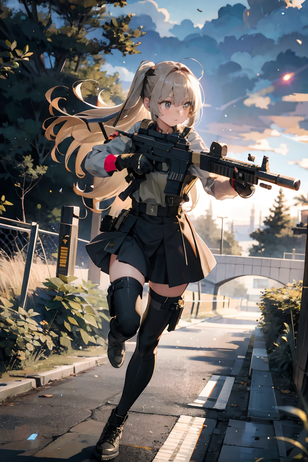 {{Masterpiece, top quality, highly detailed CG, unified 8k wallpaper, movie lighting, lens flare}}, girl shooting rifle, wide view, full body, thick body, long blond hair, green eyes, (holding a weapon, holding a rifle, aiming, aiming: 1.4), gun, h&k hk416, carbine, open fire, firing, (1 girl soldier aiming a huge rifle), 24 years old, teeth out, special forces, from above, knee shooting,