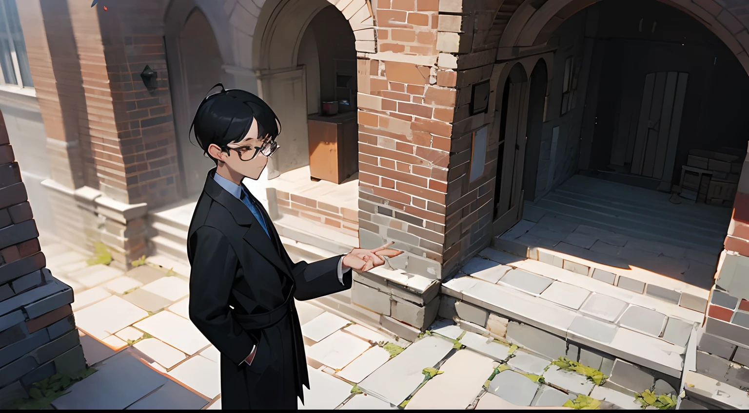 Black-haired man, 1.76 High, Black hair, Dark eyes,Wearing black-rimmed glasses with a tapered nose, atheletic body, There are faint scars on the hands, On cobblestone roads, Houses with obvious bricks in shades of white, Blue and yellow, On a sunny day. detail-rich,People-centric.