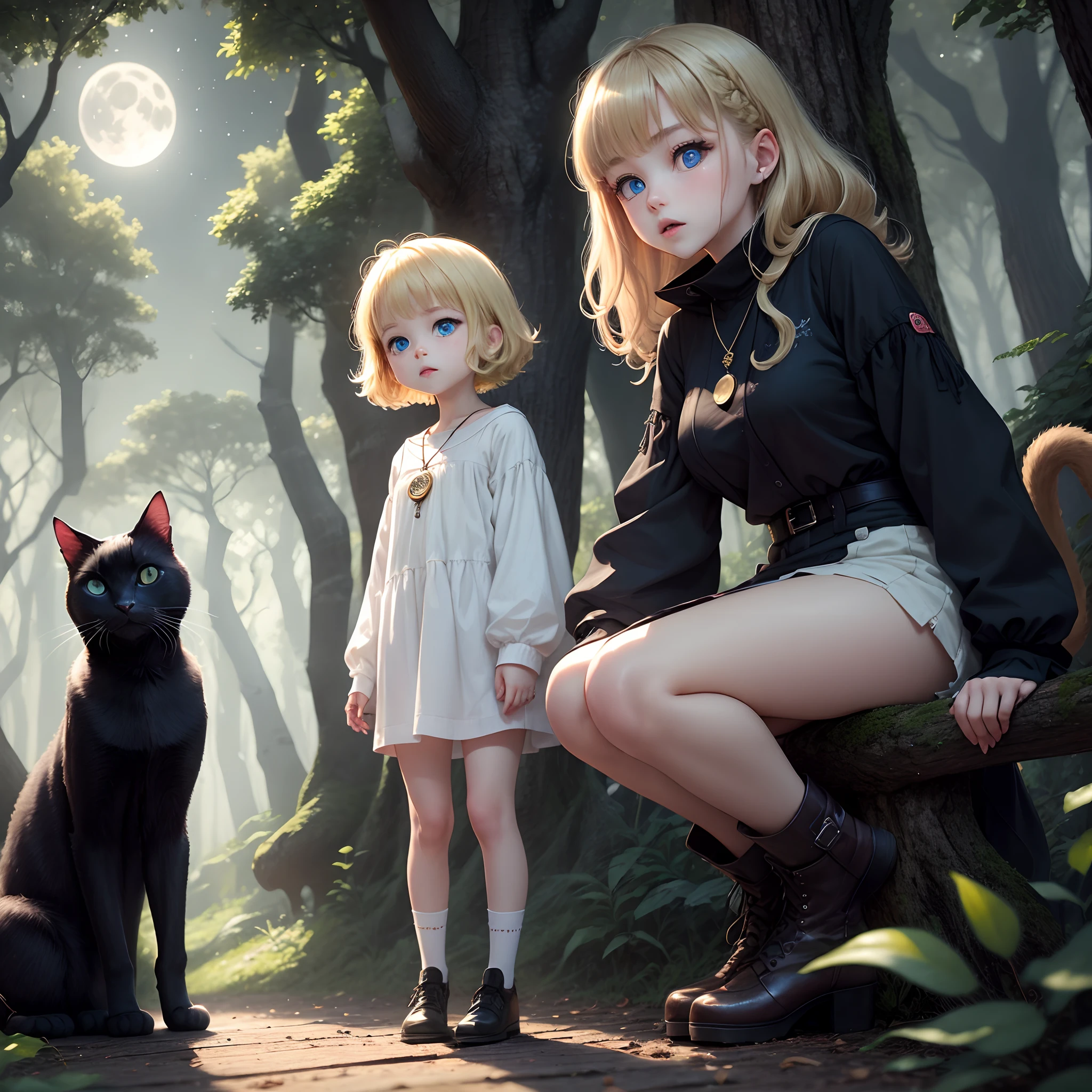a blond、the woods、natta、short stature、girl with、the witch、Big black cat、a moon、Boom、Pendants、blue eyess、Longhaire、Fantasia