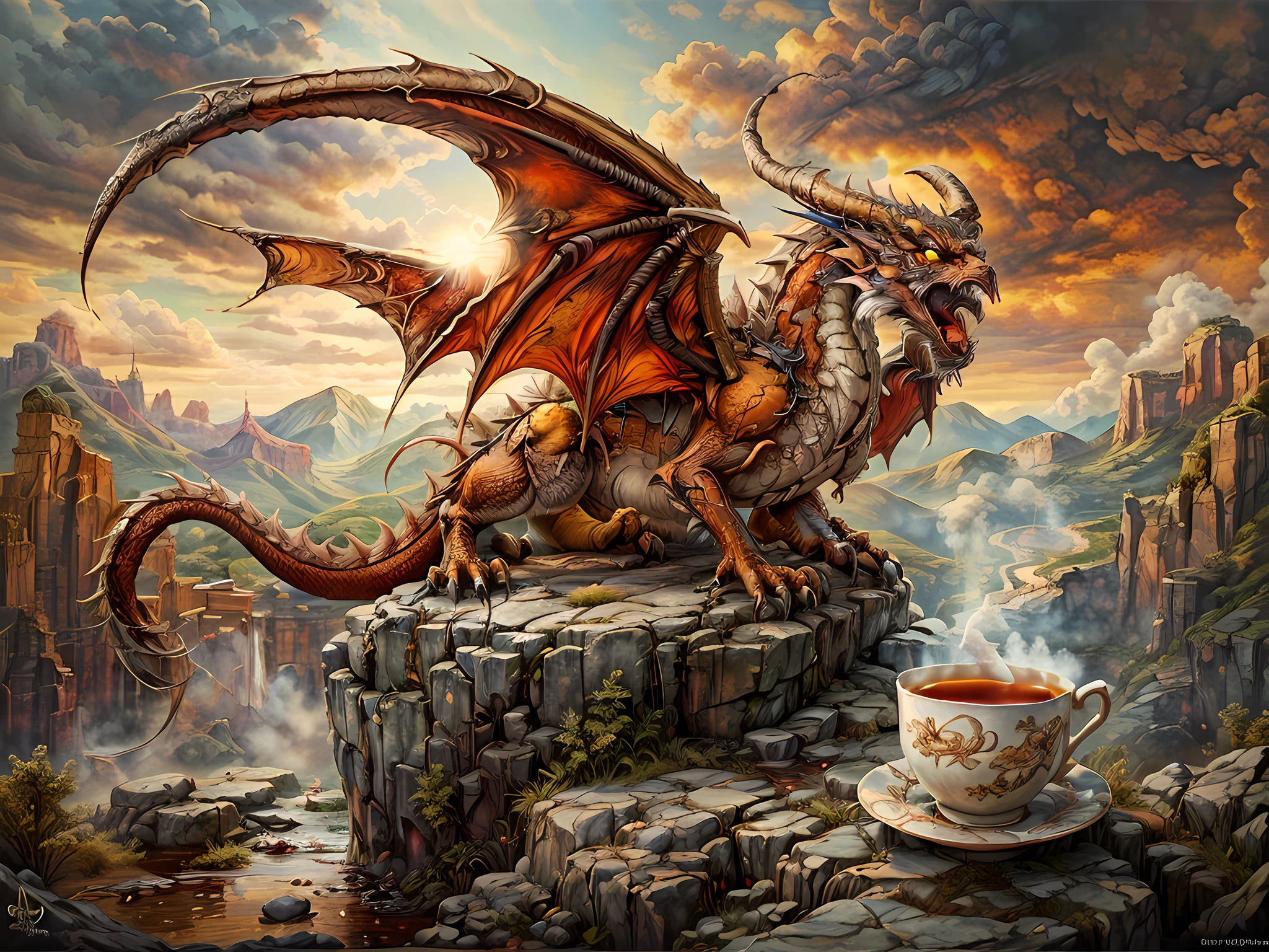 a picture of a red dragon sitting on a massive rock , holding a tea cup (drinking hot tea from a porcelain tea cup: 1.5) (best details, Masterpiece, best quality :1.5), dragon_real cloudy skies background, an epic red dragon (best details, Masterpiece, best quality :1.5) extremely detailed dragon,  horns, dragon_wings, dragon wings wide spread, ultra detailed face,  the tea cup is majestic, with intricate decorations  (best details, Masterpiece, best quality :1.3), steam rising from the tea cup, birds view, sun rays, red divine rays, sun rays reflected in clouds (best details, Masterpiece, best quality :1.5), sense of serenity sense of awe majestic atmosphere, ultra best realistic, best details, best quality, 16k, [ultra detailed], masterpiece, best quality, (extremely detailed), ultra wide shot, photorealism, depth of field, hyper realistic painting,