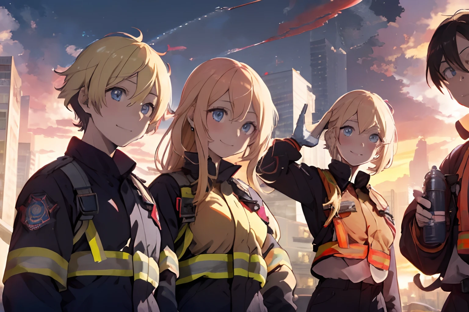 A cityscape lined with multi-tenant buildings,Fire trucks are parked in the vicinity,Dressed as a firefighter,Firefighters are around with hoses and training activities,firefighter suit,Blonde hair with peach inner color,blue eyess,Sunset sky,Pleasant face,Salute side by side with several men,Happy face with multiple people standing shoulder to shoulder,red tide,Smile on his face,AHE Face,Face full of pleasure,