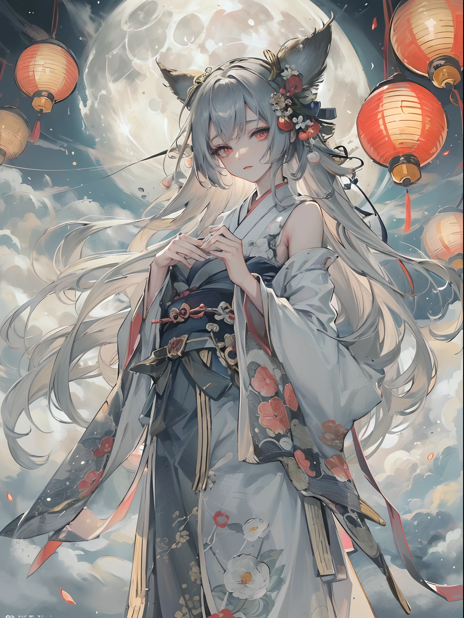 A close up of a woman in a kimono dress with a full moon in the ...