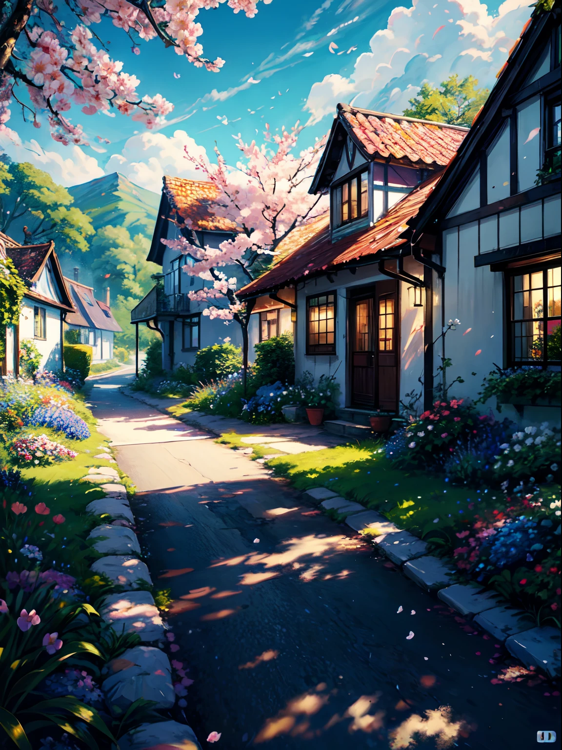 Digital painting, painting of a house in a garden with flowers and a pathway, rich picturesque colors, flowery cottage, full of colors and rich detail, beautiful house on a forest path, idyllic cottage, beautiful art uhd 4 k, blossoming path to heaven, scenery art detailed, a beautiful artwork illustration, scenery artwork, detailed painting 4 k