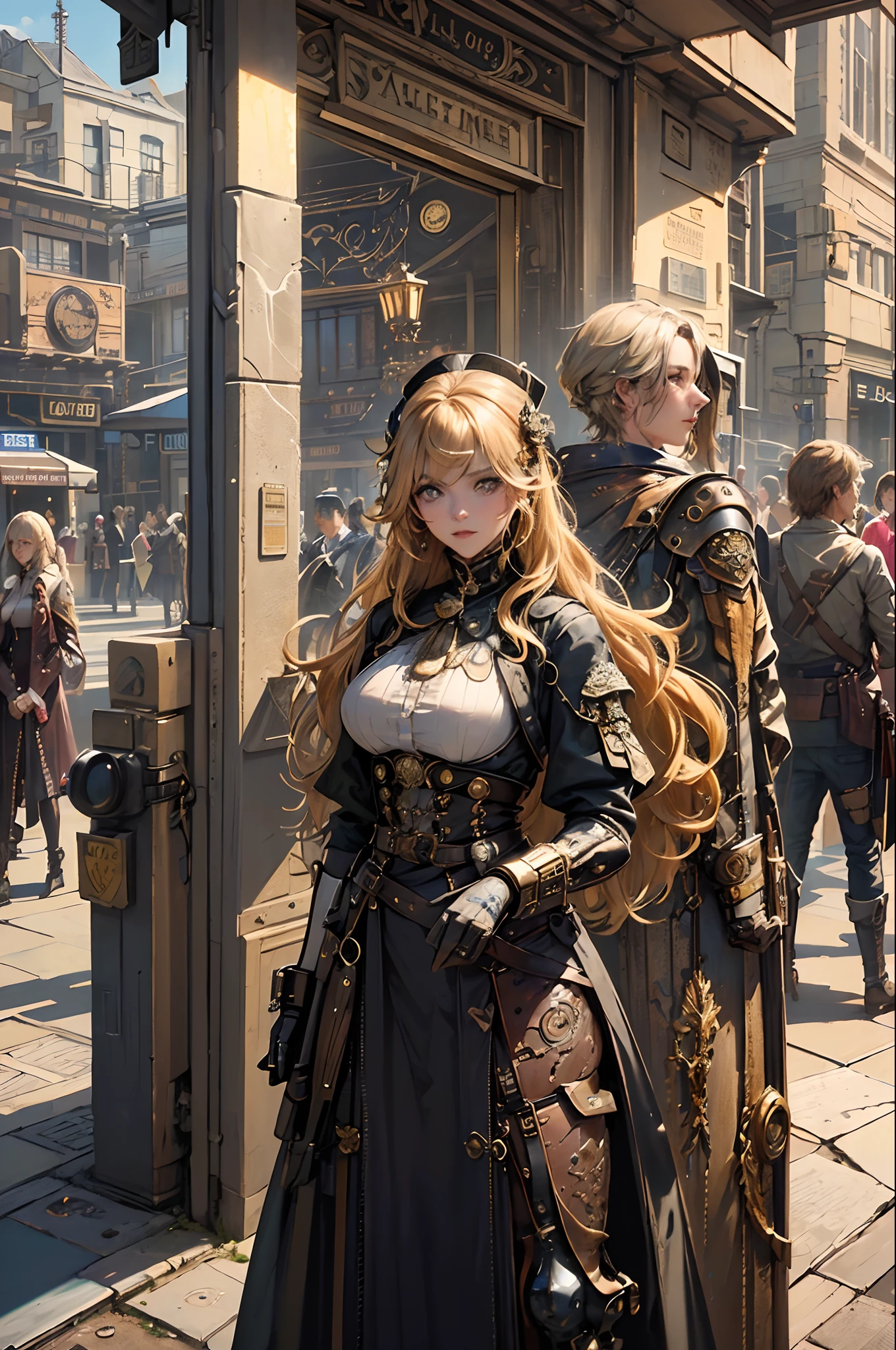 a beautiful young steam punk girl,long curly blond hair, huge boobs, thin waist , steam punk outfit, it is early evening,the sky is dark blue, purple, the sun has aet, lamps are lit, a beautiful victorian steam punk workshop with lots of huge windows, out side is a beautiful Victorian steam punk city, a conplex of many shops and apartments going verticle. there are big brass pipes , Art Nouveau architecture, flowers. a sci fi feel to it. a beautiful blond girl with blond hair is sitting at a street side cafe , the girl has huge boobs, a thin waist, she is wearing a victorian era dress outfit , steam punk style. lots if complxity, brown colors, grey ,tan clothing, a pocket watch. flying blinps, steam punk machines, huge steam punk city , vertical city. huge steam punk blimps flying iver head, steam punk planes.,
