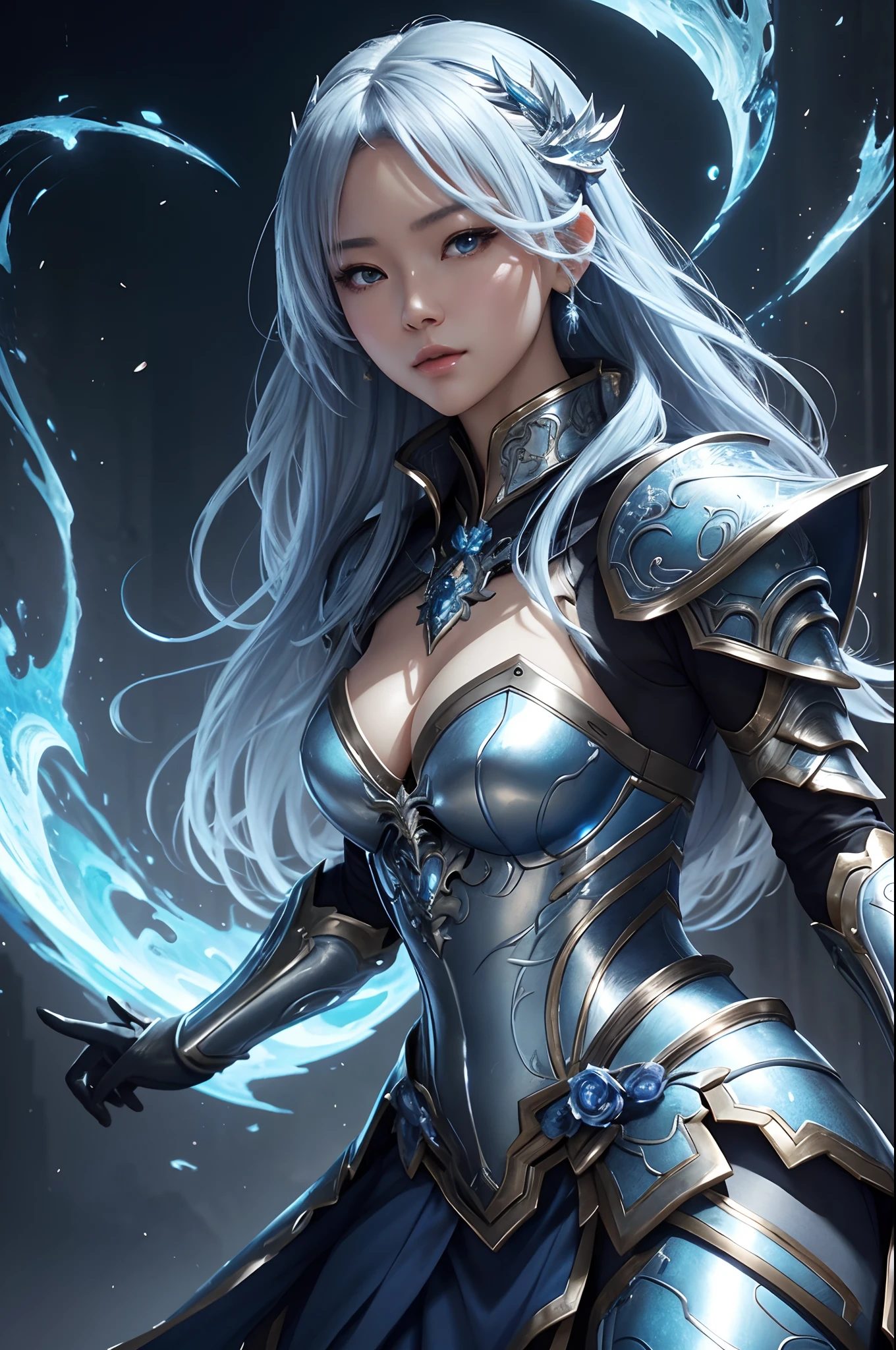 8K,Close-up of a woman in a silver and blue dress、 Chengwei Pan on Artstation、 Yang J 作、 Detailed fantasy art、Stunning character art、 Fan Art Best Art Station、 Magnificent exquisite character art、 Beautiful armor、Highly detailed Artgerm、 Detailed Digital Animation Art、 Artgerm on ArtStation Pixiv、 Girl in Armor,
