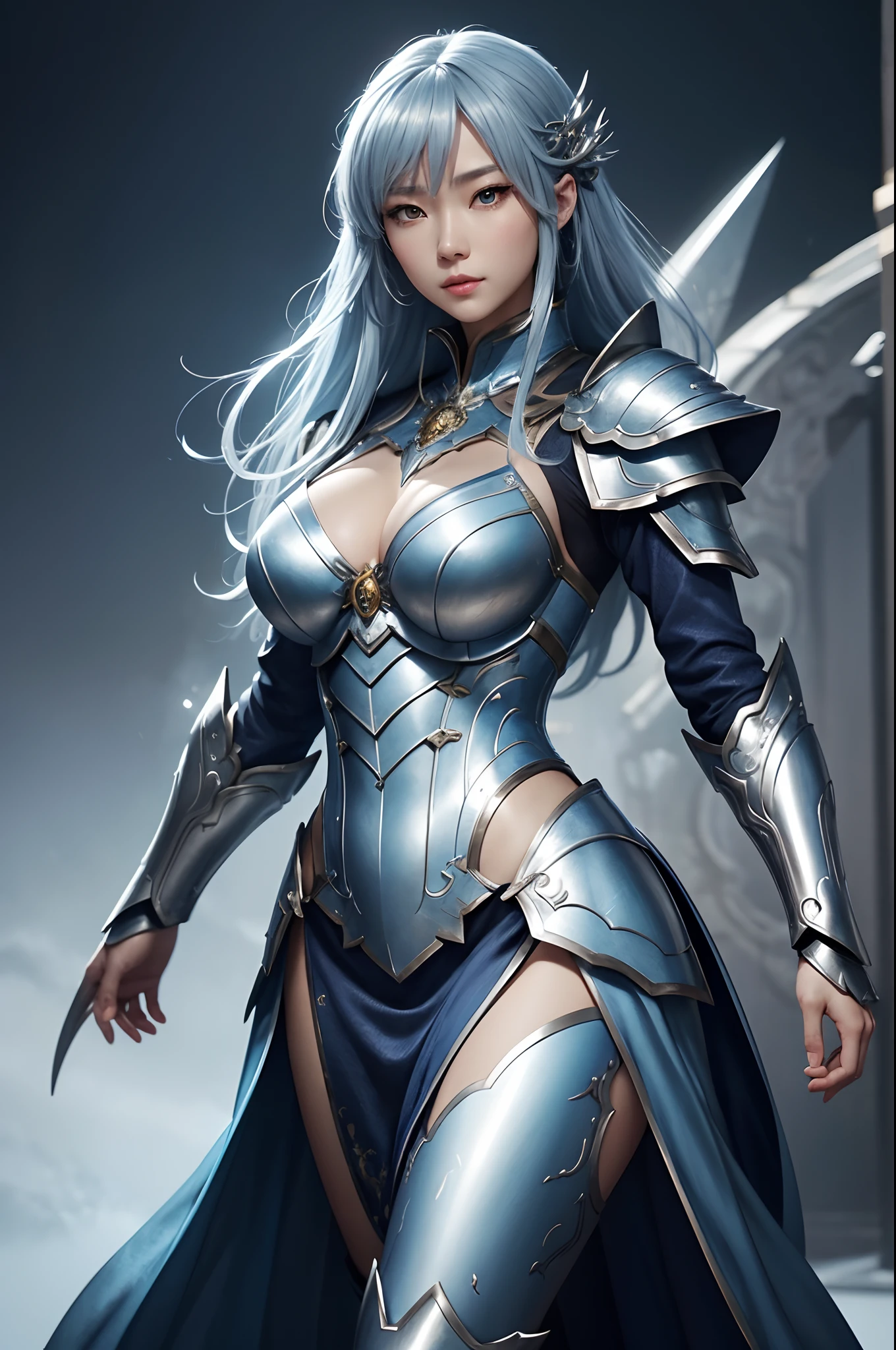 8K,Close-up of a woman in a silver and blue dress、 Chengwei Pan on Artstation、 Yang J 作、 Detailed fantasy art、Stunning character art、 Fan Art Best Art Station、 Magnificent exquisite character art、 Beautiful armor、Highly detailed Artgerm、 Detailed Digital Animation Art、 Artgerm on ArtStation Pixiv、 Girl in Armor,