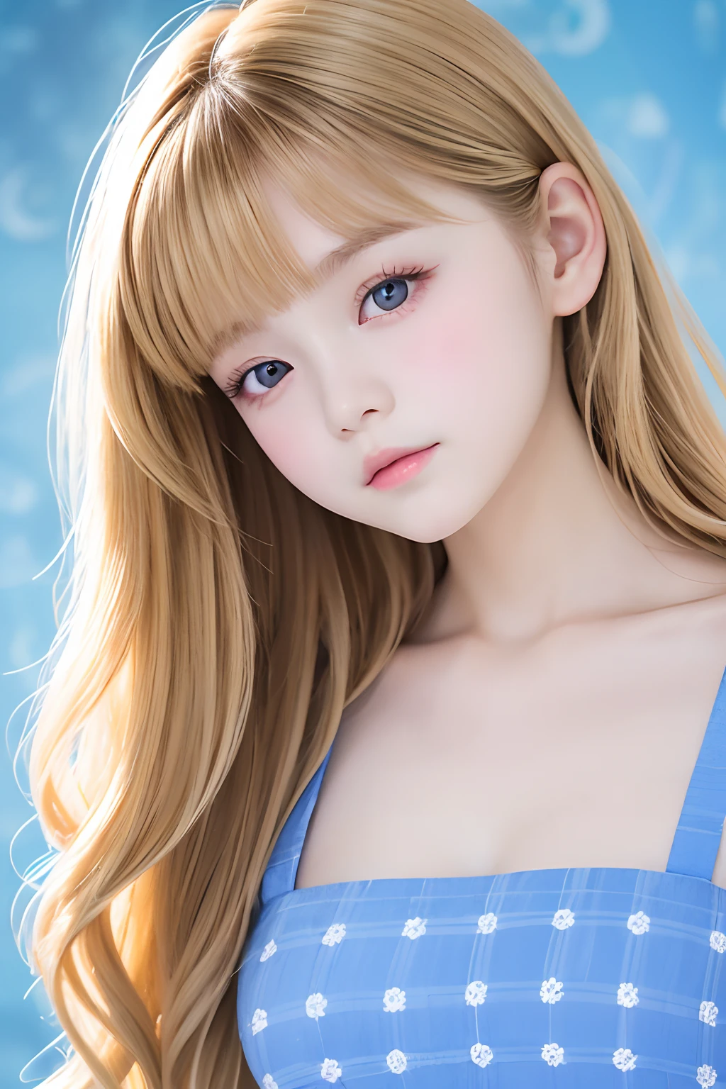 top-quality、超A high resolution、a picture、a photo of a cute girl、A detailed face、(PureErosFace_V1:0.008)、alice in the wonderland、ar old、Blonde wavy hair、School swim wear、without makeup