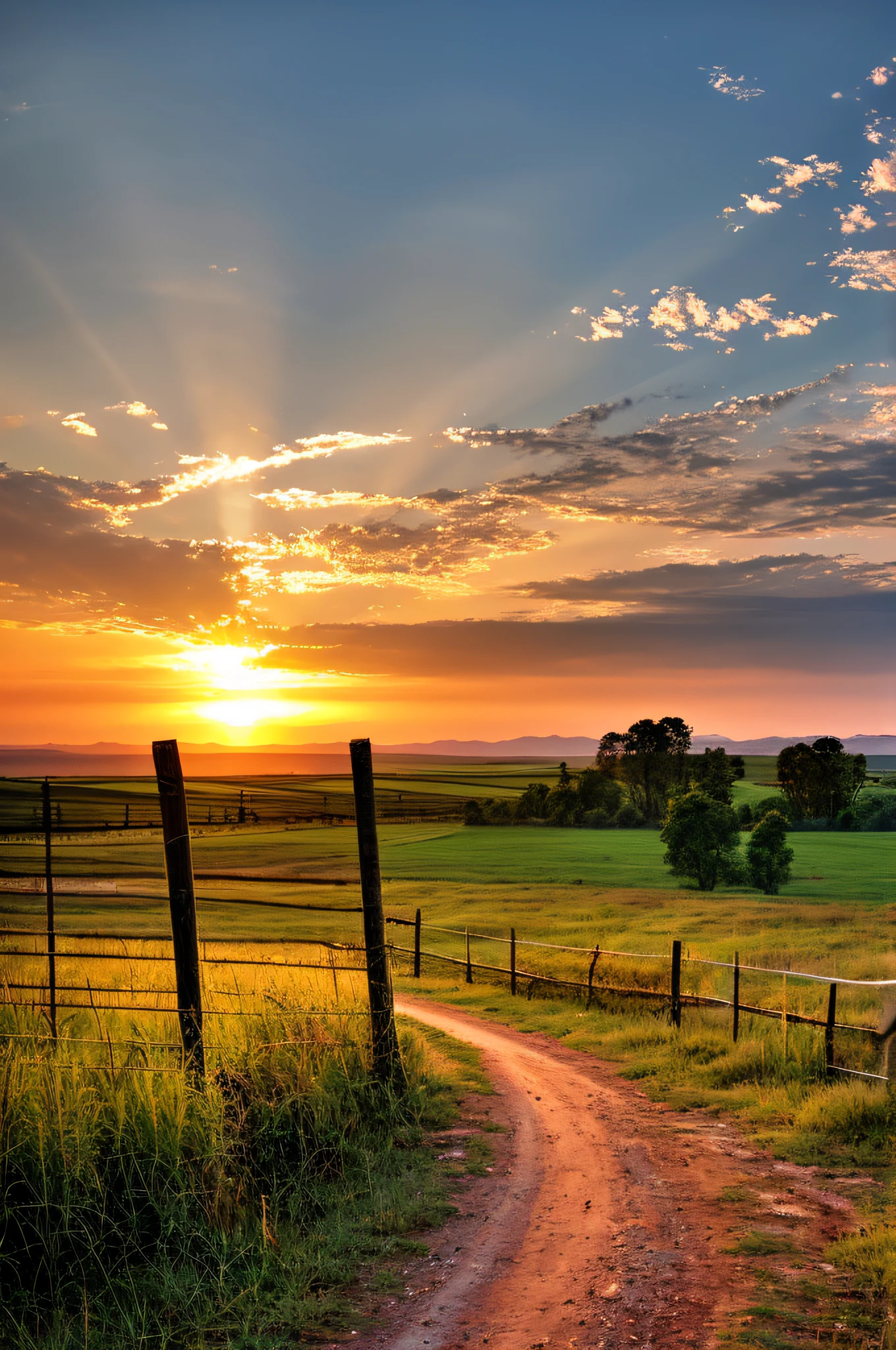 rural landscape, fence, grass, tree, sunset, lake, dirt road, hyper lighting, best lighting, HD, masterpiece, high quality, highres, best quality, artwork, anime style, hyper quality, tree detailed