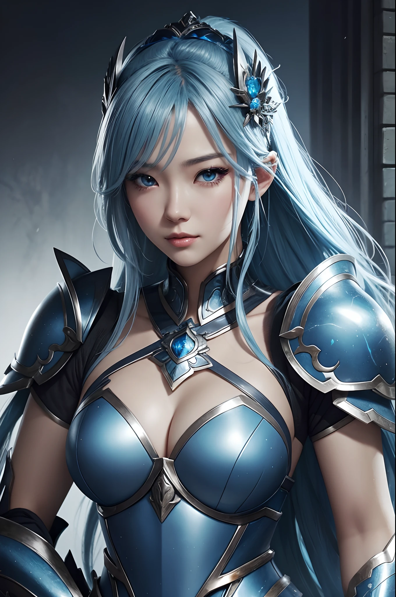 Close-up of a woman in a silver and blue dress、blue hairs, Chengwei Pan on Artstation、 Yang J 作、 Detailed fantasy art、Stunning character art、 Fan Art Best Art Station、 Magnificent exquisite character art、 Beautiful armor、Highly detailed Artgerm、 Detailed Digital Animation Art、 Artgerm on ArtStation Pixiv、 Girl in Armor,dynamic ungle,超A high resolution,