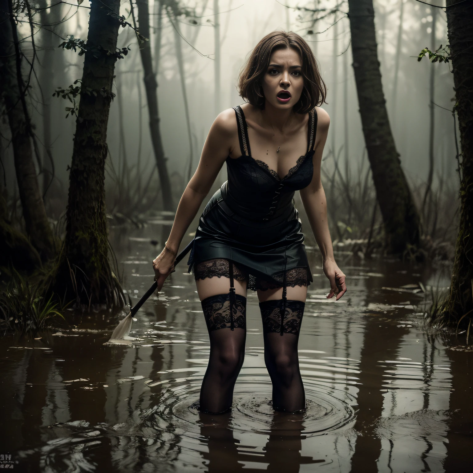 "(Best Quality,hight resolution:1.2),ladyboy,Expressive wrinkles,Bob haircut,jeans skirt,lace blouse,(lace stockings with garters), standingn, (drowning in a swamp:1.2),long eyelashes,expression of despair,Dark and moody lighting, terror. The pose expresses panic and awkwardness"