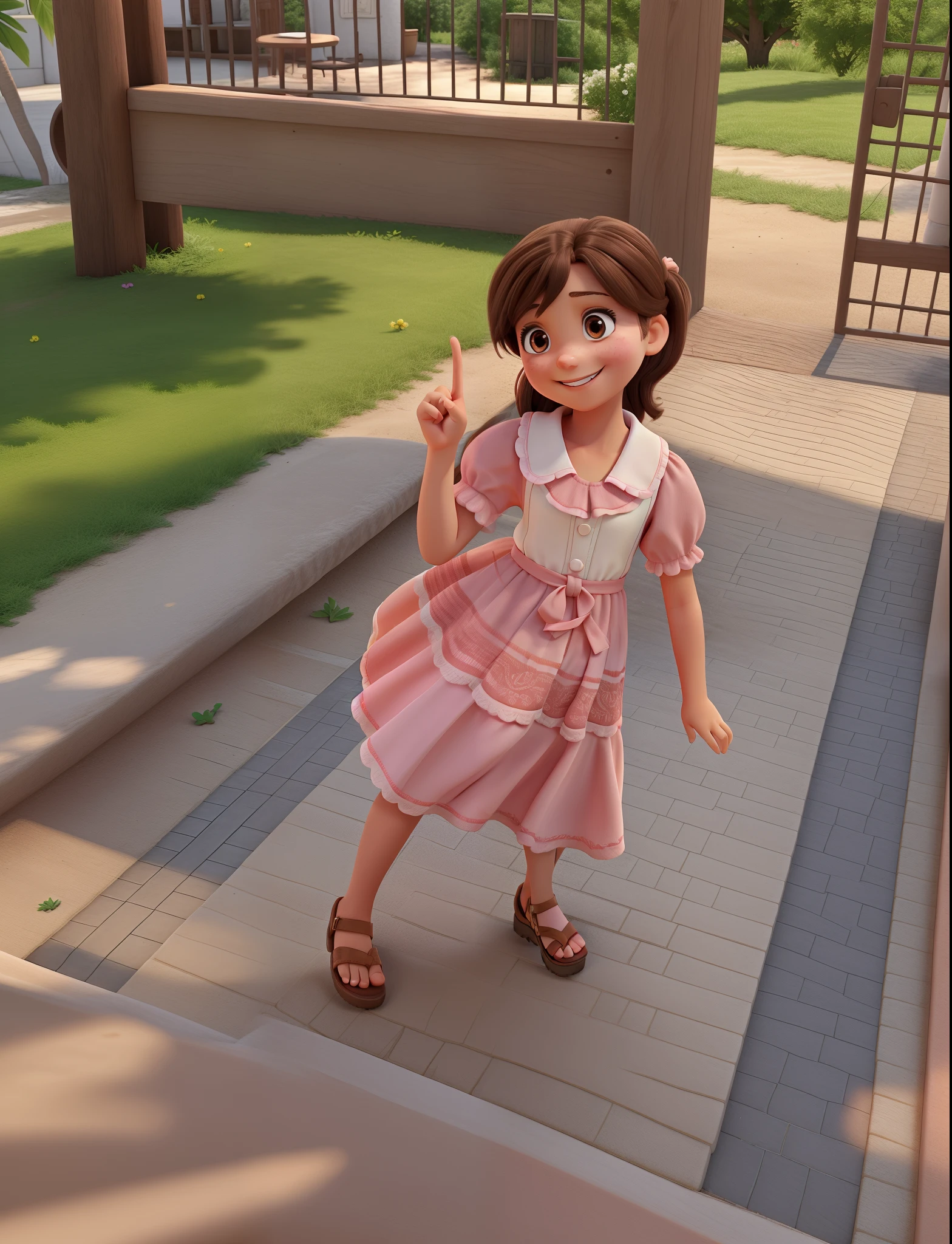 Girl smiling, brown hair, brown eyes, light pink dress, White sandals with two fingers in the air in hand