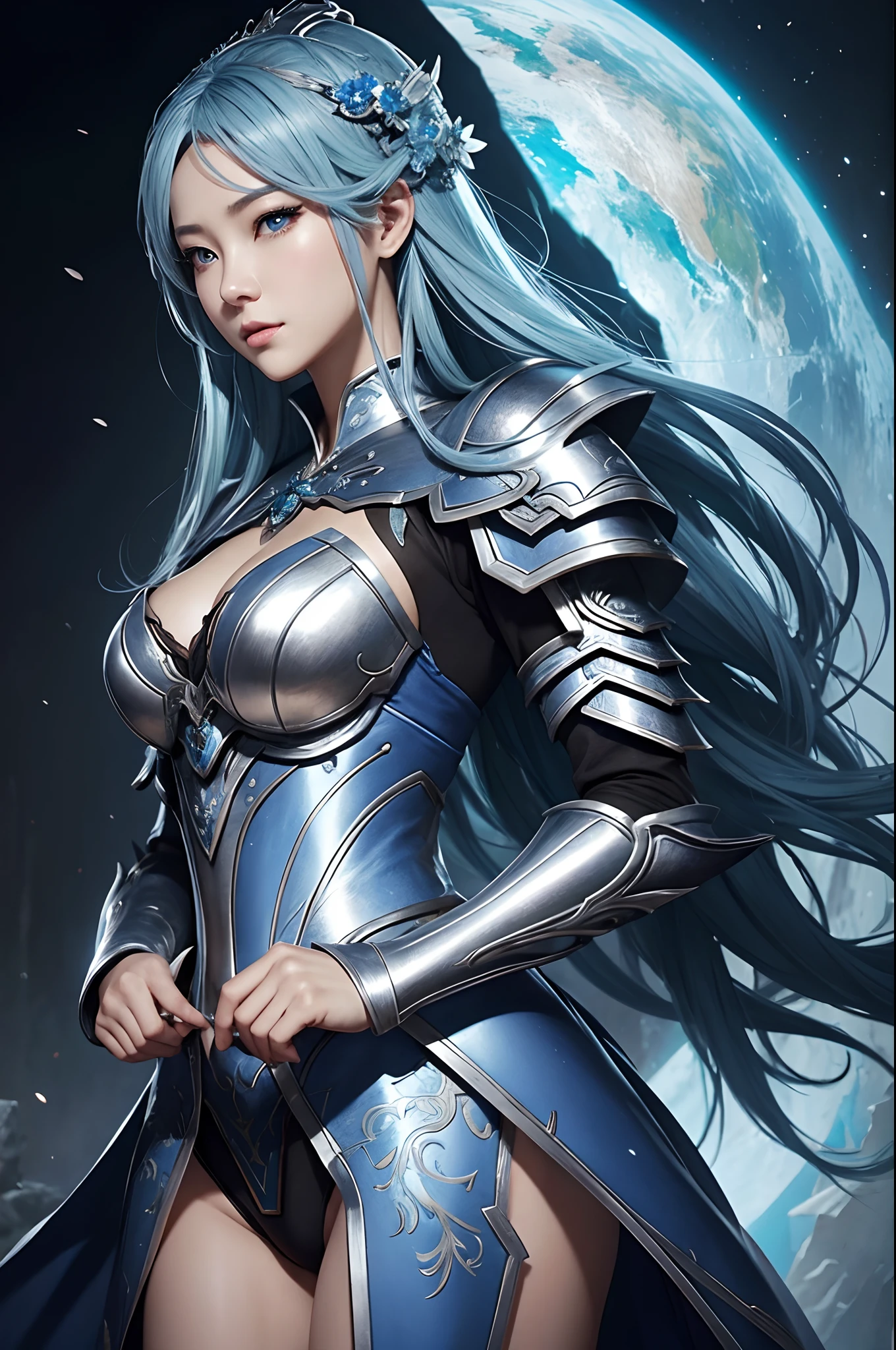 Close-up of a woman in a silver and blue dress、blue hairs, Chengwei Pan on Artstation、 Yang J 作、 Detailed fantasy art、Stunning character art、 Fan Art Best Art Station、 Magnificent exquisite character art、 Beautiful armor、Highly detailed Artgerm、 Detailed Digital Animation Art、 Artgerm on ArtStation Pixiv、 Girl in Armor,dynamic ungle,超A high resolution,