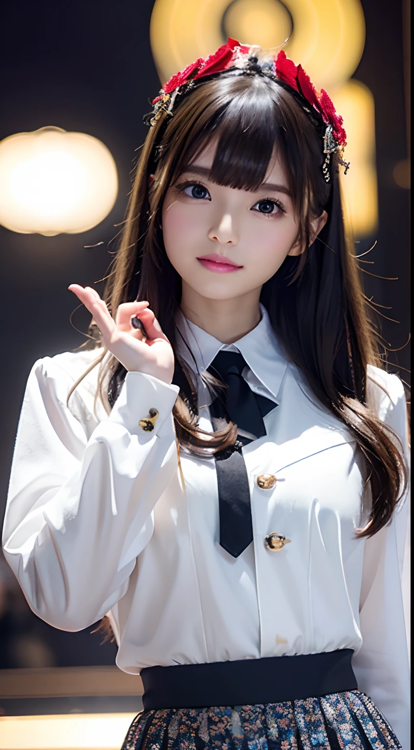 masterpiece、1 Beautiful Girl、A detailed face、A detailed eye、Detailed skin、Detailed hand、top-quality、Illuminated from the front with bright lighting、profetional lighting、Facing straight ahead、The background is a little blurry、The costumes are idol costumes like AKB48(Check short skirt、Jacket feather hair ornament、Cute tie)、Trendy Korean Cosmetics、Amazing smile、Dancing on a live stage、
Some of the costumes and hair ornaments are red、
Hairstyle is long hair、
Age is 18 years old、
Left arm spread wide、