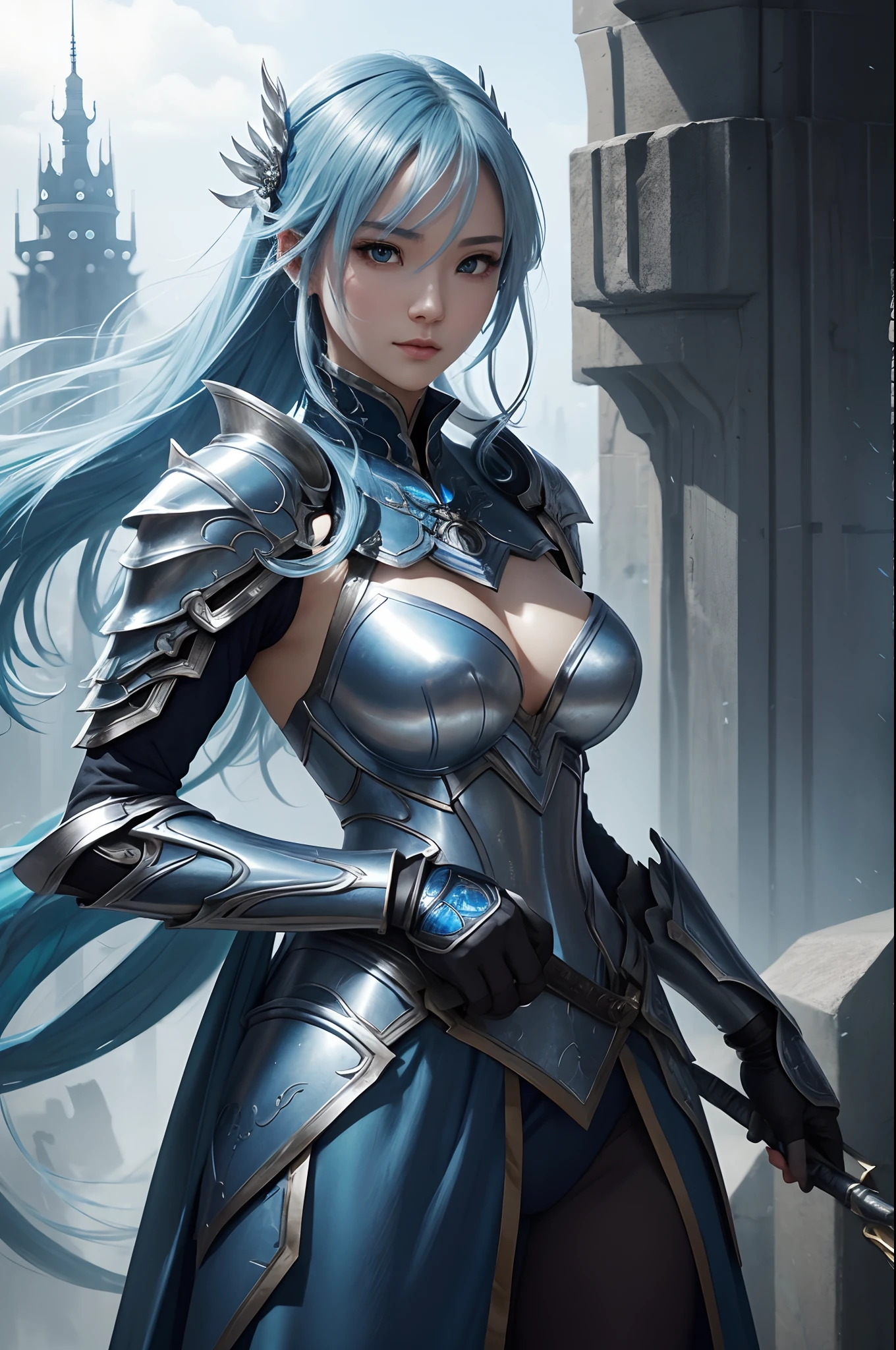 Close-up of a woman in a silver and blue dress、blue hairs, Chengwei Pan on Artstation、 Yang J 作、 Detailed fantasy art、Stunning character art、 Fan Art Best Art Station、 Magnificent exquisite character art、 Beautiful armor、Highly detailed Artgerm、 Detailed Digital Animation Art、 Artgerm on ArtStation Pixiv、 Girl in Armor,dynamic ungle,超A high resolution,