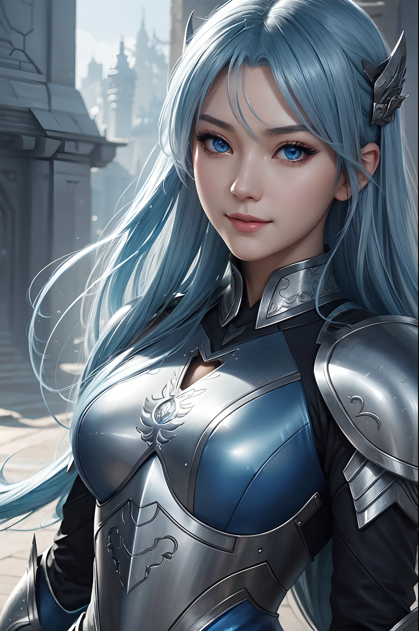 Close-up of a woman in a silver and blue dress、blue hairs, Super beauty,(Like the real thing)Blue eyes,Chengwei Pan on Artstation、 Yang J 作、 Detailed fantasy art、Stunning character art、 Fan Art Best Art Station、 Magnificent exquisite character art、 Beautiful armor、Highly detailed Artgerm、 Detailed Digital Animation Art、 Artgerm on ArtStation Pixiv、 Girl in Armor,dynamic ungle,超A high resolution,a smile,