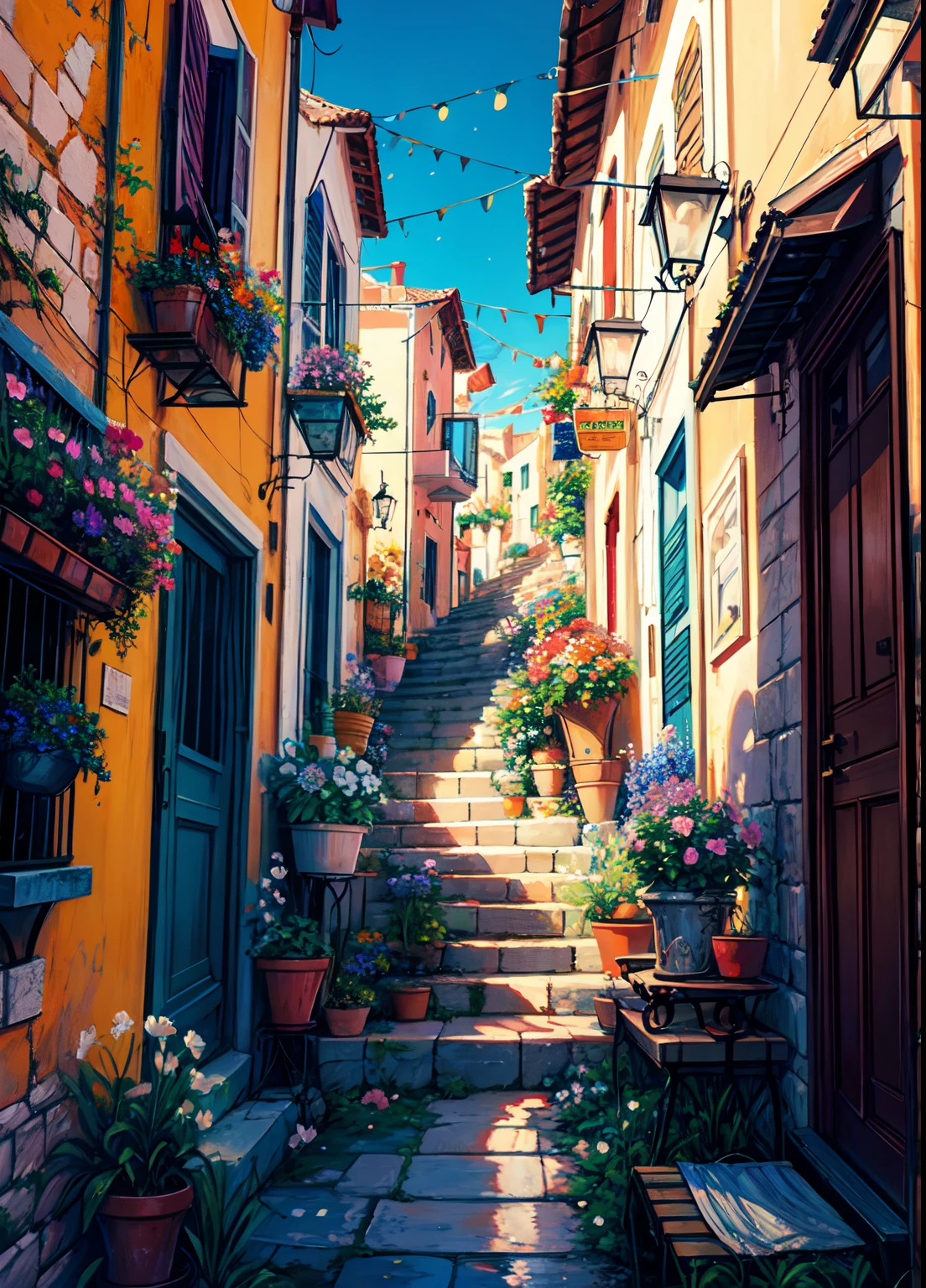 painting of a street with a flower shop , flowers, beautiful art uhd 4 k, a beautiful artwork illustration, beautiful digital painting, highly detailed digital painting, beautiful digital artwork, a bustling magical town, mediterranean fisher village, mediterranean city, detailed painting 4 k, ancient mediterranean village, very detailed digital painting, rich picturesque colors, gorgeous digital painting