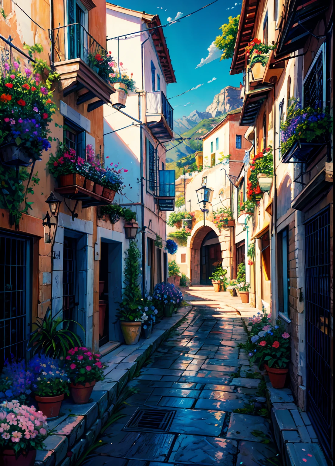 painting of a street with a flower shop , flowers, beautiful art uhd 4 k, a beautiful artwork illustration, beautiful digital painting, highly detailed digital painting, beautiful digital artwork, a bustling magical town, mediterranean fisher village, mediterranean city, detailed painting 4 k, ancient mediterranean village, very detailed digital painting, rich picturesque colors, gorgeous digital painting