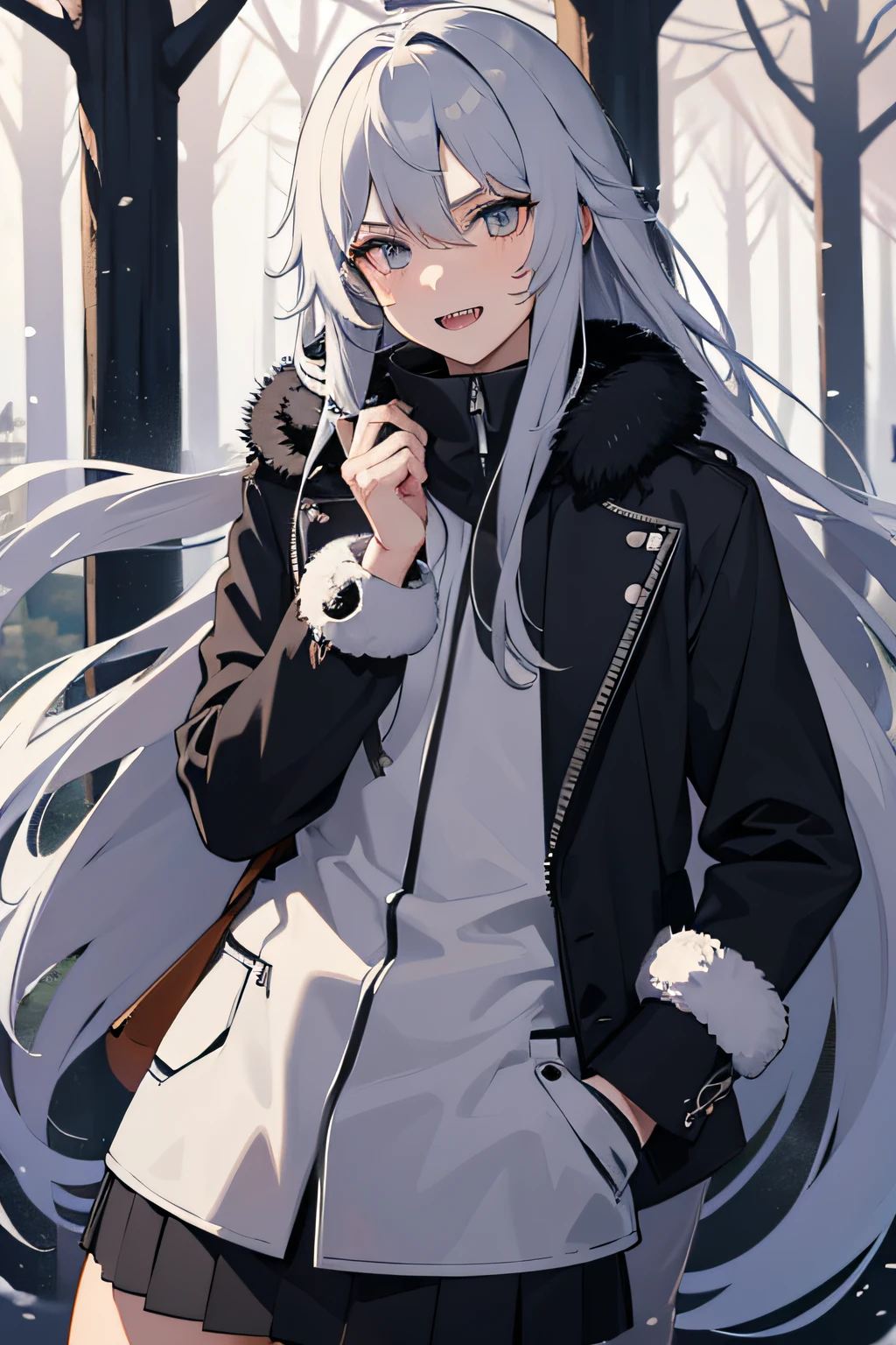 Male femboy, silver long hair, dressed in warm clothes, in the background of a winter forest, gray eyes, sharp teeth