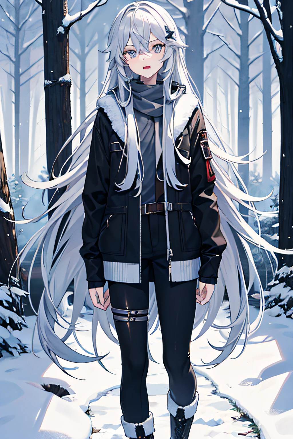Male femboy, silver long hair, dressed in warm clothes, in the background of a winter forest, gray eyes, sharp teeth