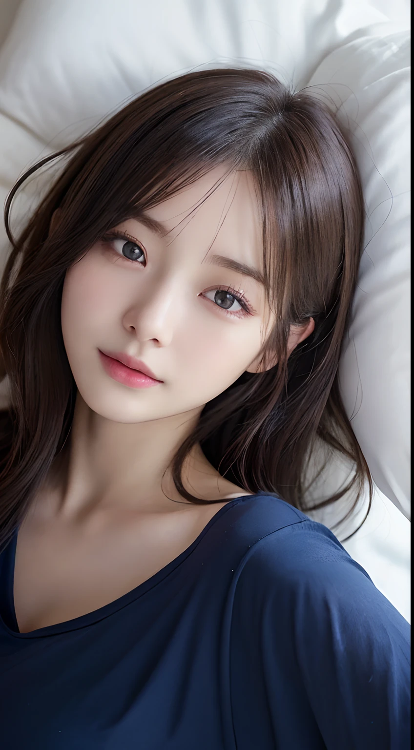 Innocent 20 year old girl、((Wear a navy oversized T-shirt,Dramatic poses)),Smile,short-cut,Bed background,Beach background、Raw photo, (8K、top-quality、masterpiece:1.2)、(intricate detailes:1.4)、(Photorealsitic:1.4)、octane renderings、Complex 3D rendering ultra detail, Studio Soft Light, Rim Lights, vibrant detail, super detailing, realistic skin textures, Detail Face, Beautiful detail eyes, Very detailed CG Unity 16k wallpaper, make - up, (detailedbackground:1.2), shinny skin, Full body、From head to thigh、cleavage of the breast,((Sleep facing up、Angle looking down from above)),KPOP Idol Face,Slender face、small tits、Straight hair