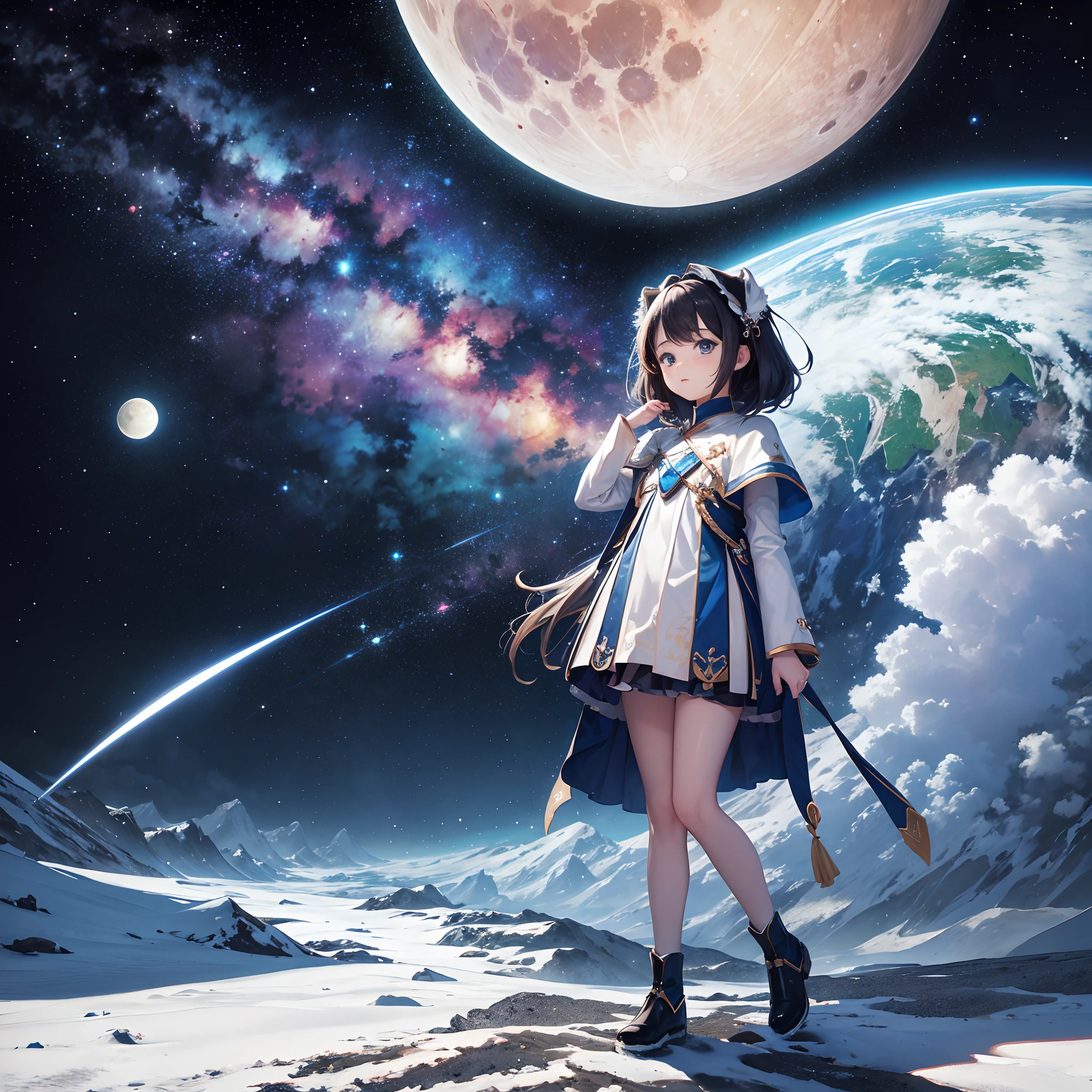 masterpiece,Top image quality,hight resolution,imagem 4k,Fantastic worldview,kosmos,Lunar surface,a moon,独奏,Little girl,