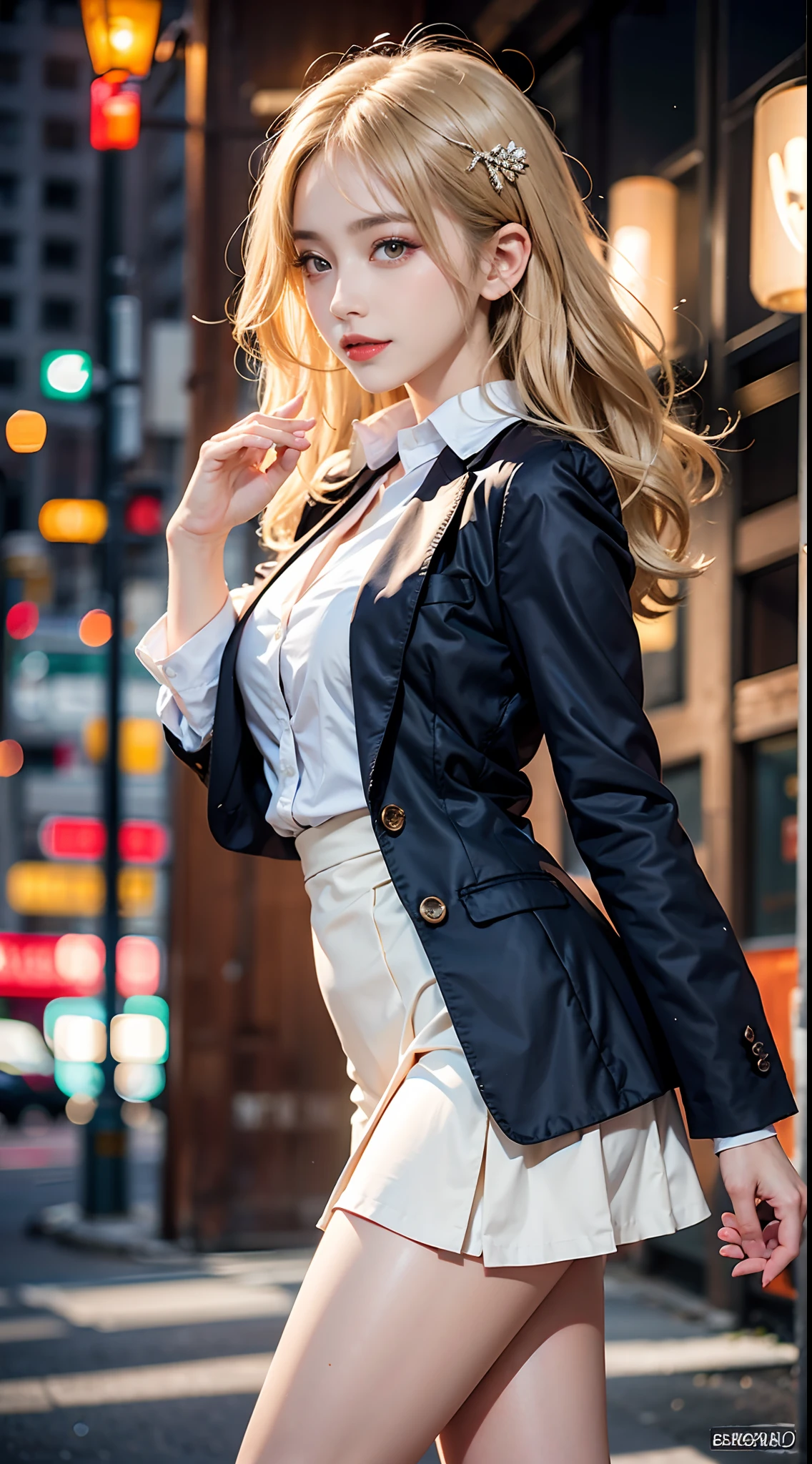 ((knee shot)), Shot from a random perspective, 22-year-old Asian model, slim, Slimming the waist, curlies, 校服, Black blazer, White pleated skirt, warm lights, Warm tones Slender legs, Cross ed leg, In the park, Walking casually, warm lights, a warm color palette, Dynamic pose, posing elegantly, blonde hair, streaked hair, hair ornament, heart-shaped pupils, makeup, light smile, shy, licking lips, Romanticism, Social realism, chiaroscuro, motion blur, anaglyph, Sony FE GM, UHD, masterpiece, textured skin, super detail, best quality