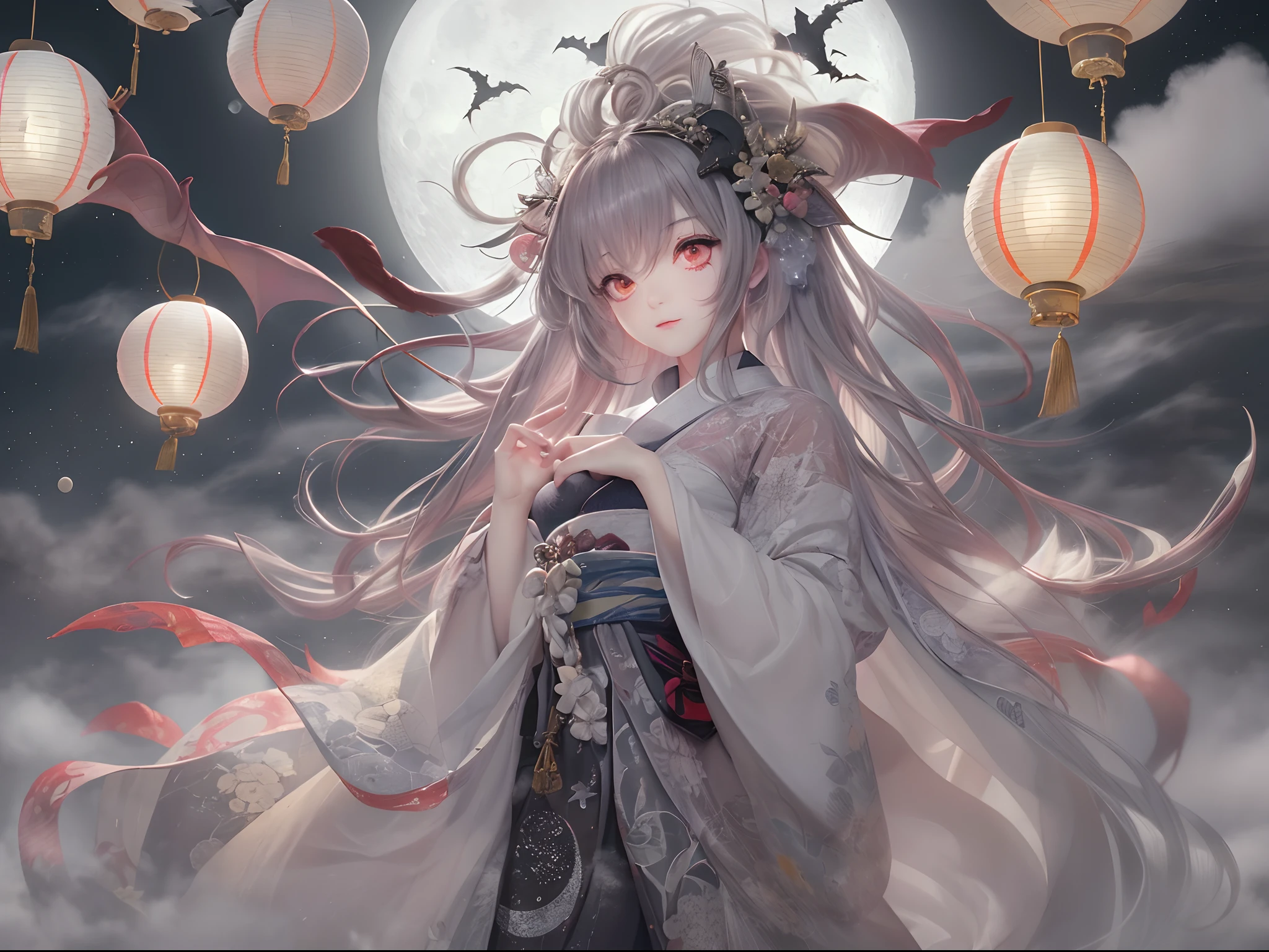 ((Finest quality)),(超A high resolution),(ultra-detailliert),(Meticulous portrayal),((Best Anime)),(Finest works of art),sharpnes,Clair,Ultra-Precision Art,The art of astounding depiction,Beautiful ink paintings with intricate and detailed details:1.3, ((Fog:1.6)),((The moon through the clouds:1.4), (1人の女性),Japanese dress,paper lanterns:1.5,arachne,the bats,youkai,weird
