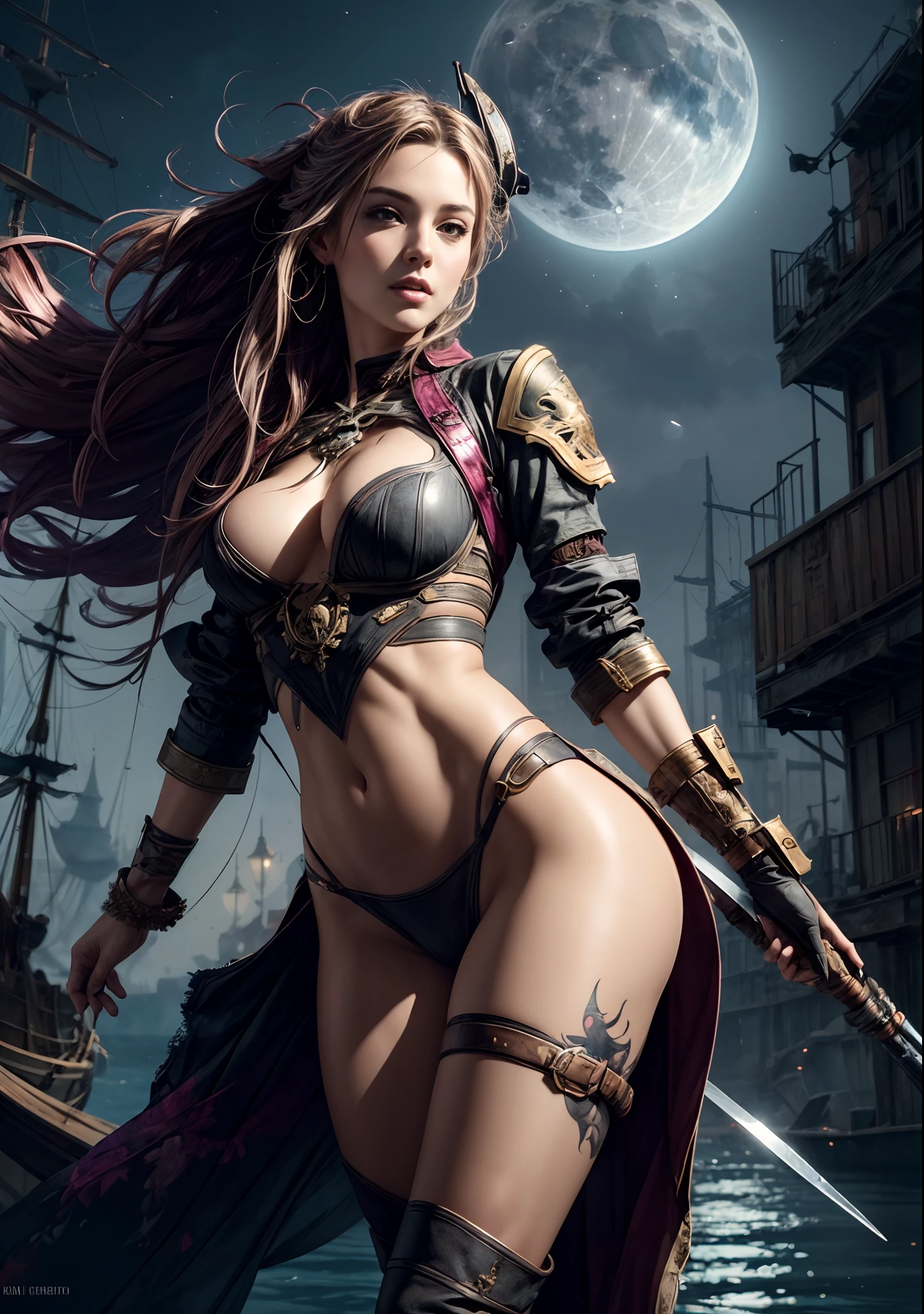 sticker of a cute female pirate, digital illustration, disney, rule 63, full body, perfect anatomy, perfect face, butt showing esthetically, abstract beauty, beautiful, centered, looking at the camera, approaching perfection, dynamic, moonlight, highly detailed, watercolor painting, artstation, concept art, smooth, sharp focus, illustration, art by Carne Griffiths and Wadim Kashin