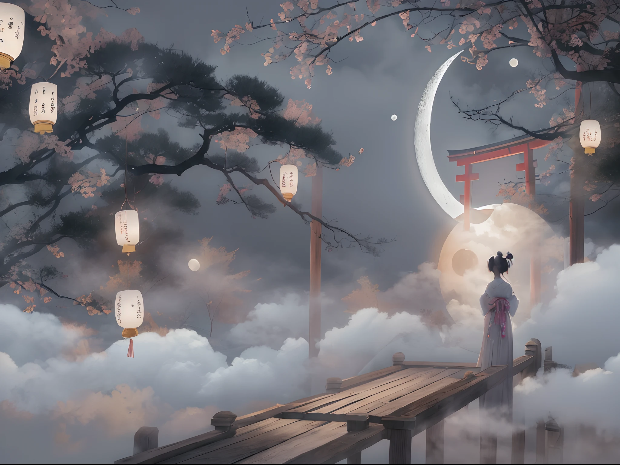 ((Finest quality)),(超A high resolution),(ultra-detailliert),(Meticulous portrayal),((Best Anime)),(Finest works of art),sharpnes,Clair,Ultra-Precision Art,The art of astounding depiction,Beautiful ink paintings with intricate and detailed details:1.3, ((Fog:1.6)),((The moon through the clouds:1.4), (1人の女性),Japanese dress,paper lanterns:1.5,arachne,the bats,youkai,weird