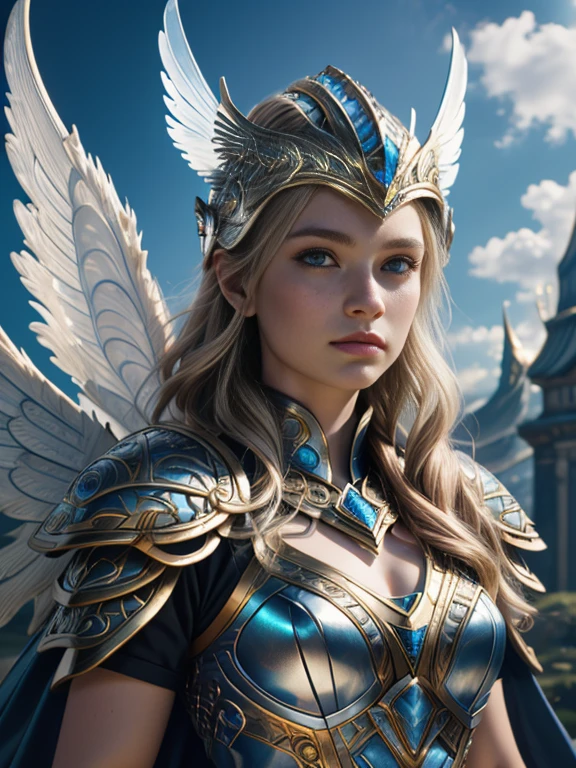 Photorealistic image ((Masterpiece)), ((high quality)) UHD 8K, of a real beautiful Viking goddess FREIYA, slim, full body, (not anime, not 3D, not cartoon) (freckles on face), ( long blonde hair), (blue eyes), (((Hyper-realistic full armor, with ivory white metal and intricate details))), (((helmet with large wings))), ((long feather cape)), (in guardian position, in Asgard), Realistic photo, natural lighting, professional DSLR camera