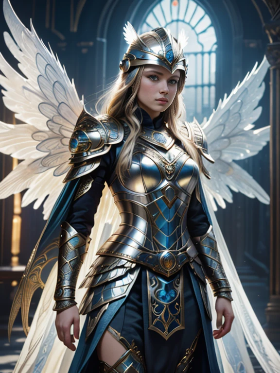Photorealistic image ((Masterpiece)), ((high quality)) UHD 8K, of a real beautiful Viking goddess FREIYA, slim, full body, (not anime, not 3D, not cartoon) (freckles on face), ( long blonde hair), (blue eyes), (((Hyper-realistic full armor, with ivory white metal and intricate details))), (((helmet with large wings))), ((long feather cape)), (in guardian position, in Asgard), Realistic photo, natural lighting, professional DSLR camera