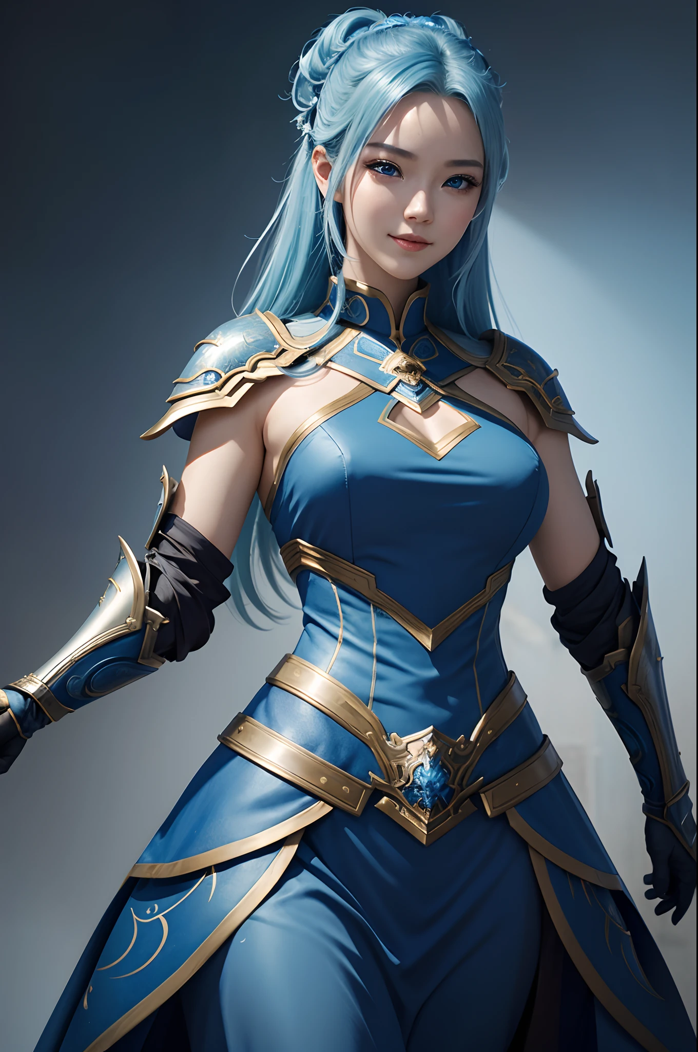 Close-up of a woman in a silver and blue dress、blue hairs, Super beauty,(Like the real thing)Blue eyes,Chengwei Pan on Artstation、 Yang J 作、 Detailed fantasy art、Stunning character art、 Fan Art Best Art Station、 Magnificent exquisite character art、 Beautiful armor、Highly detailed Artgerm、 Detailed Digital Animation Art、 Artgerm on ArtStation Pixiv、 Girl in Armor,dynamic ungle,超A high resolution,a smile,