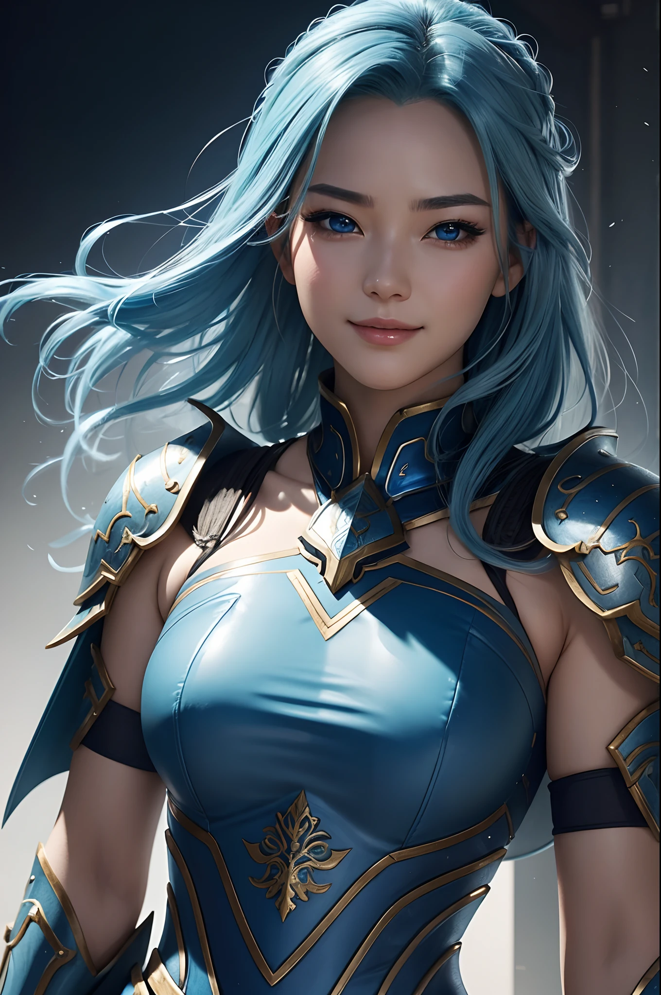 8K,Close-up of a woman in a blue and white dress、blue hairs, Super beauty,(Like the real thing)Blue eyes,Chengwei Pan on Artstation、 Yang J 作、 Detailed fantasy art、Stunning character art、 Fan Art Best Art Station、 Magnificent exquisite character art、 Beautiful armor、Highly detailed Artgerm、 Detailed Digital Animation Art、 Artgerm on ArtStation Pixiv、 Girl in Armor,dynamic ungle,超A high resolution,a smile,