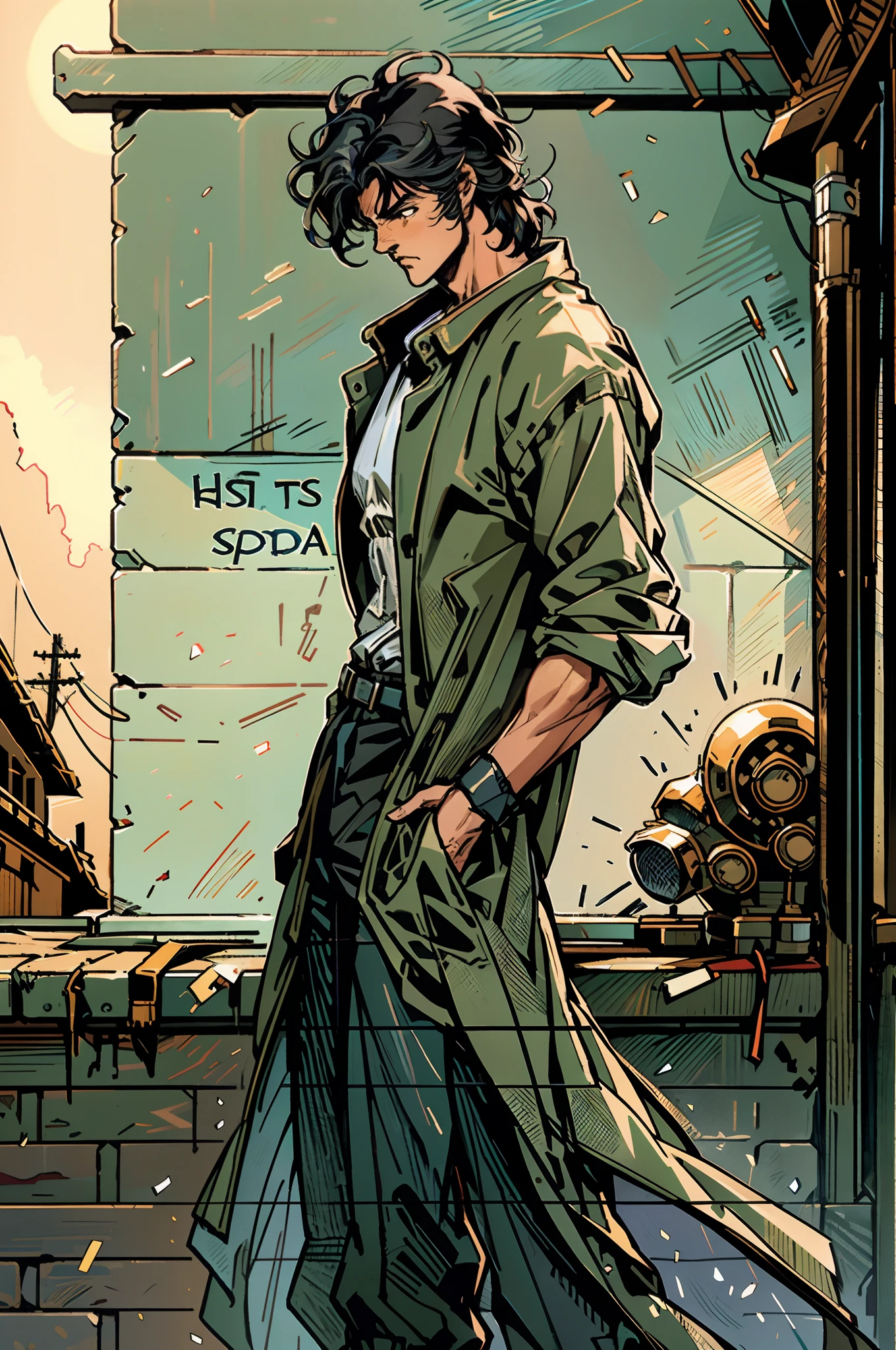 A young man, long black hair, his hair bangs hanging down to cover his eyes, a forlorn expression, head bowed, a long windbreaker coat, rolled-up sleeves, the windbreaker open, revealing his sturdy chest and abdominal muscles, loose coarse cloth trousers, the waist of the trousers reaching the navel, hands inserted into the pockets of the coat, he stands in the dimly lit night on a medieval street in a fantasy-style setting, this character embodies a finely crafted fantasy-realistic style ronin in anime style, characterized by an exquisite and mature manga illustration art style, high definition, best quality, highres, ultra-detailed, ultra-fine painting, extremely delicate, professional, anatomically correct, symmetrical face, extremely detailed eyes and face, high quality eyes, creativity, RAW photo, UHD, 8k, Natural light, cinematic lighting, masterpiece-anatomy-perfect, masterpiece:1.5