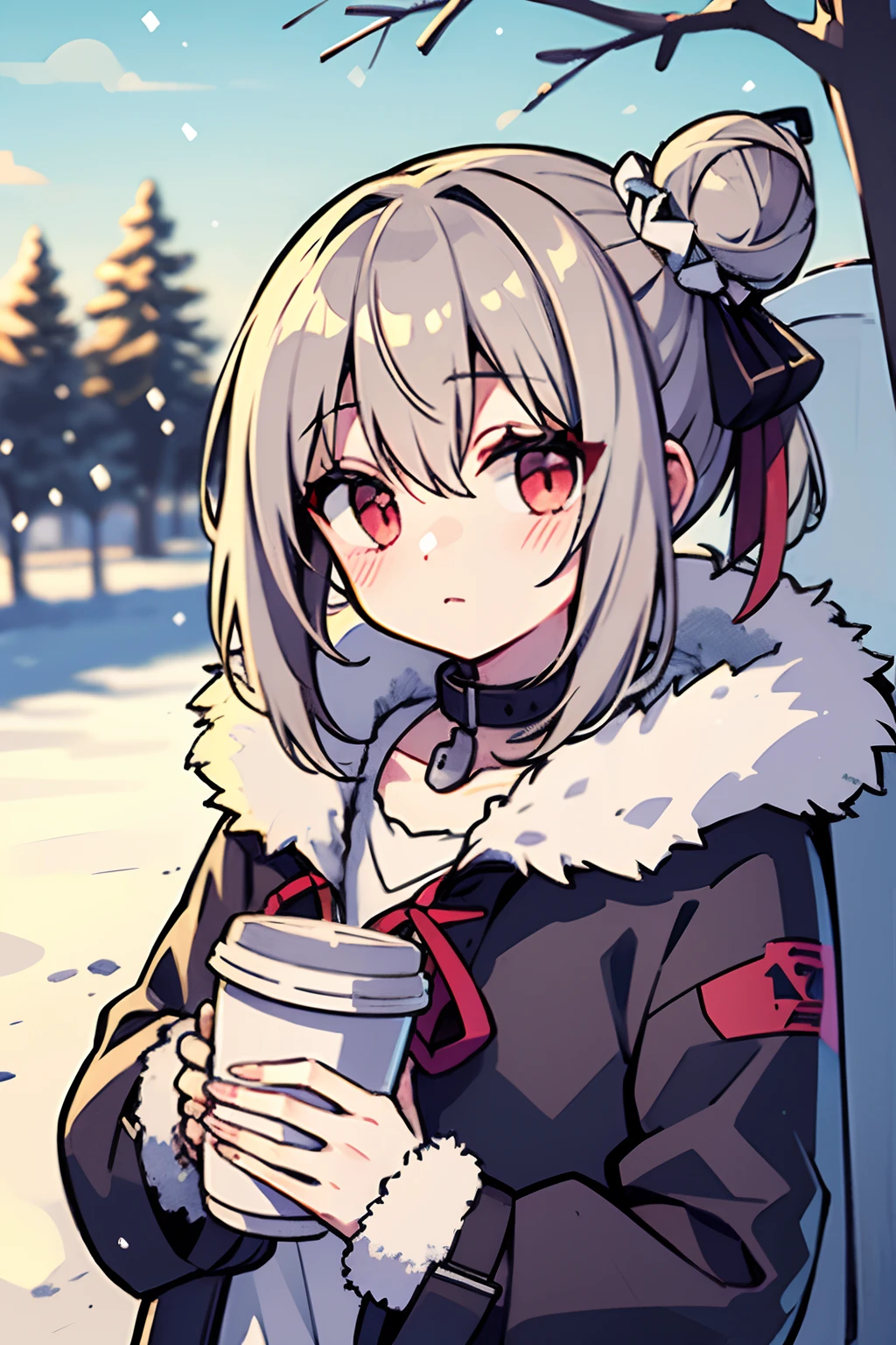 (masterpiece), (best quality), (highly detailed), 1girl, solo, red eyes, holding, disposable cup, looking at viewer, holding cup, outdoors, snow, long sleeves, bangs, cup, coffee cup, tree, closed mouth, bare tree, fur trim, hair between eyes, ribbon, open clothes, bag, winter, black ribbon, snowing, grey hair, coat, hair ribbon, hair bun, upper body, jacket, sidelocks, blush, fur collar