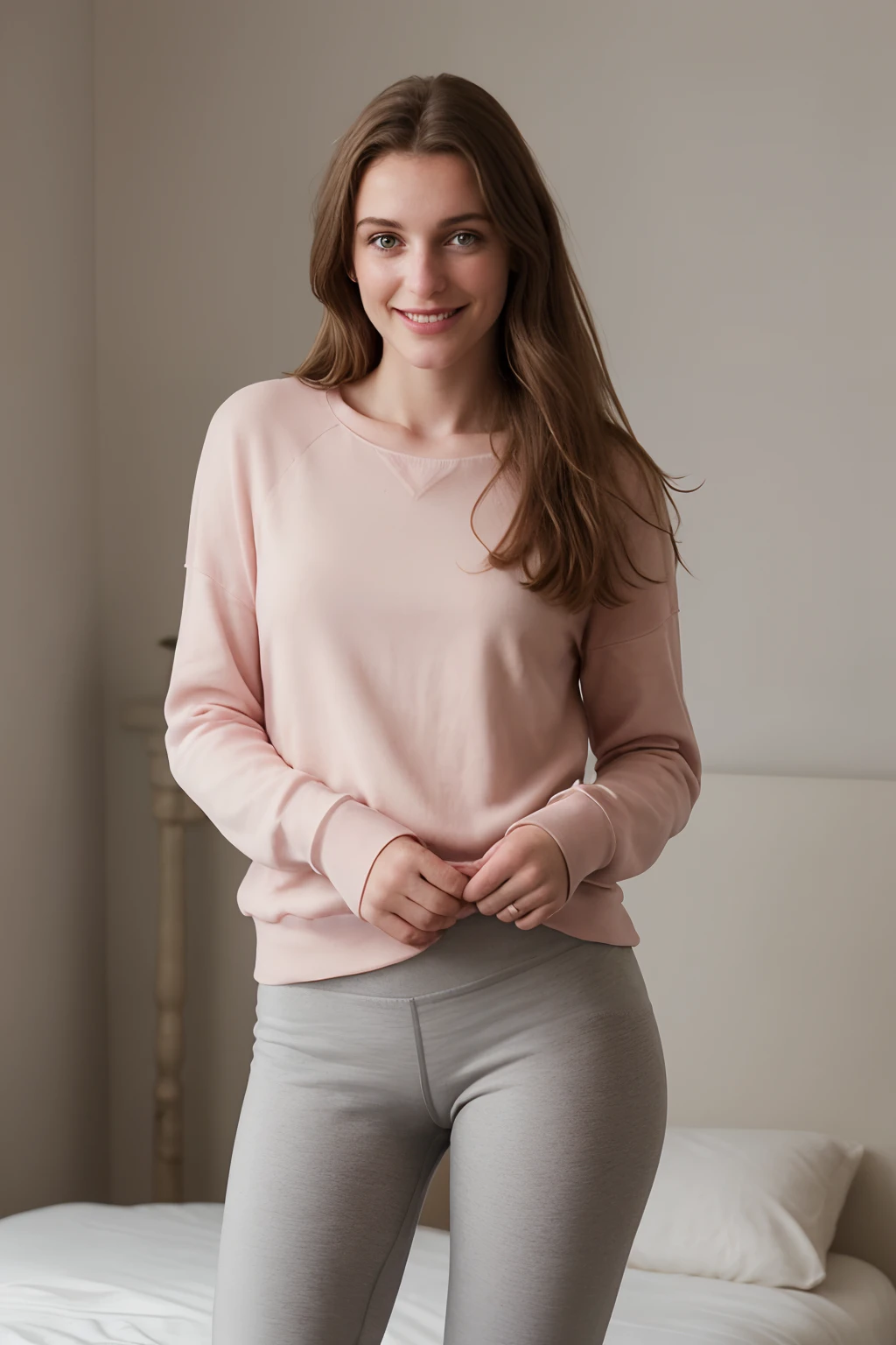 Photo d’une belle sicilienne au cheveux brun foncés portant une chemise décontractée avec un sweat à capuche et un legging rose, Rue de la ville, cheveux moyens en désordre, corps mince, Vue de dos, Tir moyen du haut du corps, regardant la caméra, Sourire mignon, faible profondeur de champ, 8k, décors tres détaillé, Ultra HD