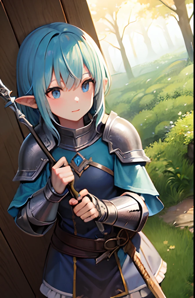 dungeon＆dragons　knights　Blue-haired hobbit girl　Wear metal armor　小柄　Holding a spear in both hands　exploring